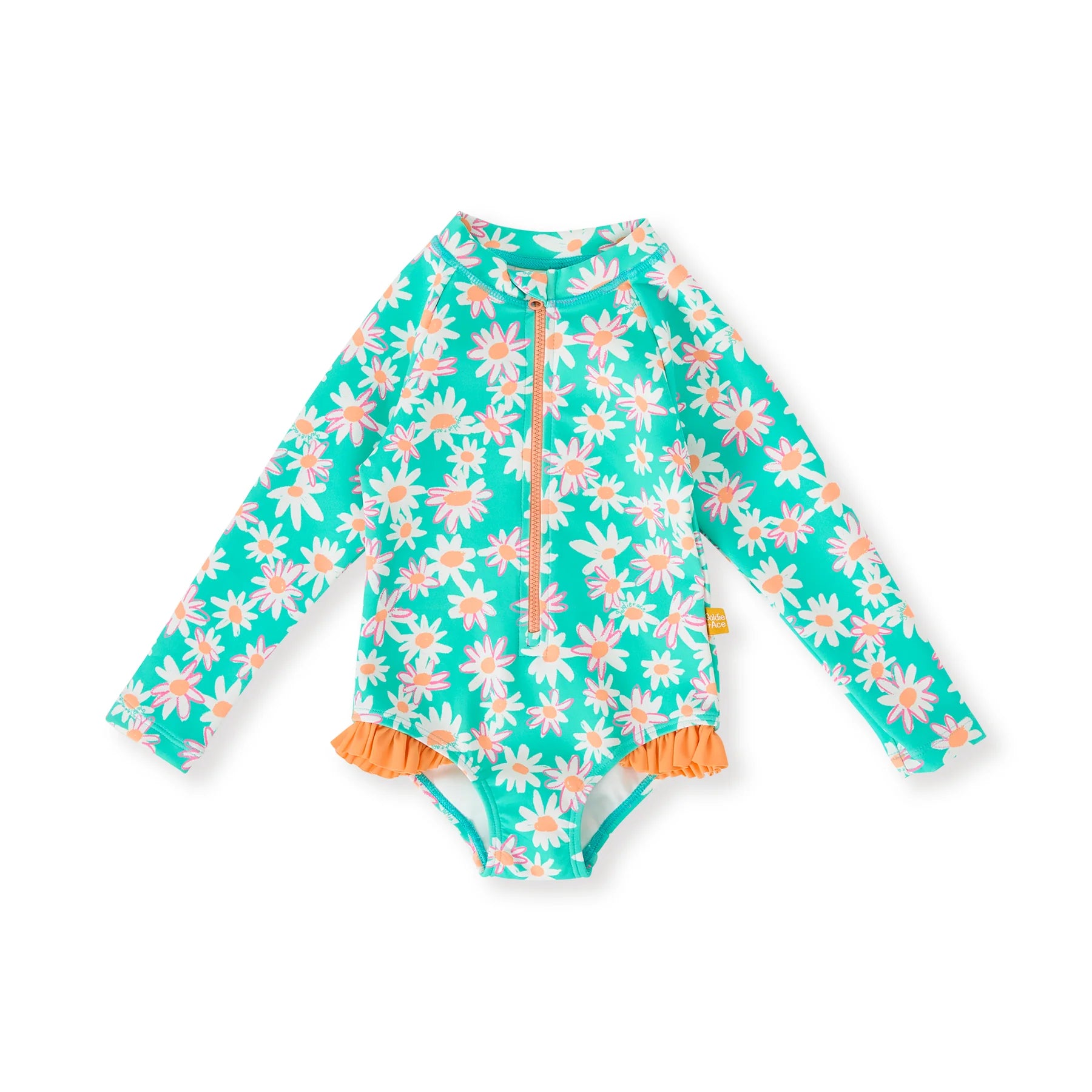 flat lay image of Daisy patch long sleeve frill girls swimsuit by Goldie and Ace