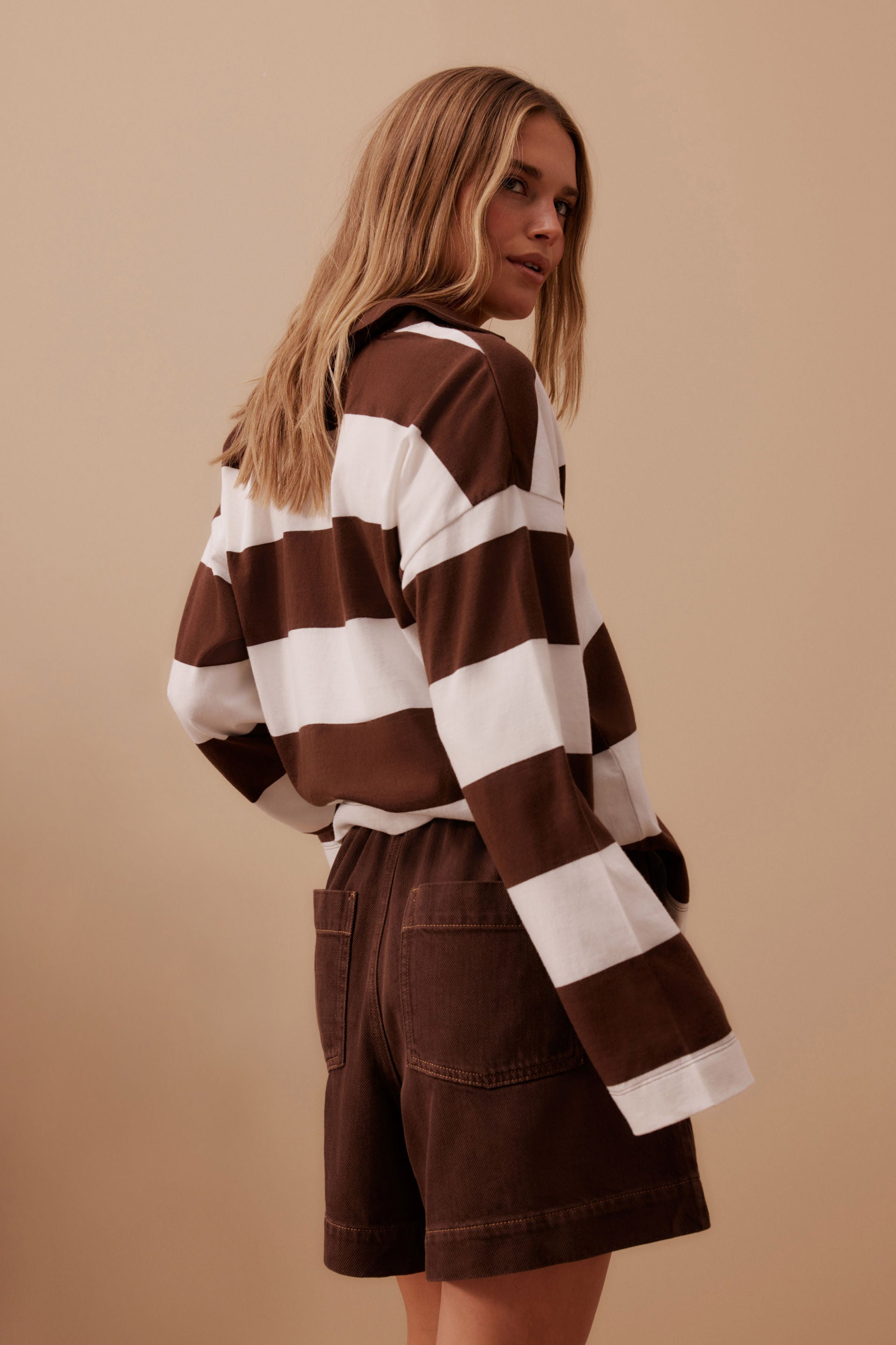 model wearing Darcy Relaxed Everyday Short Brown Chocolate by Ceres Life