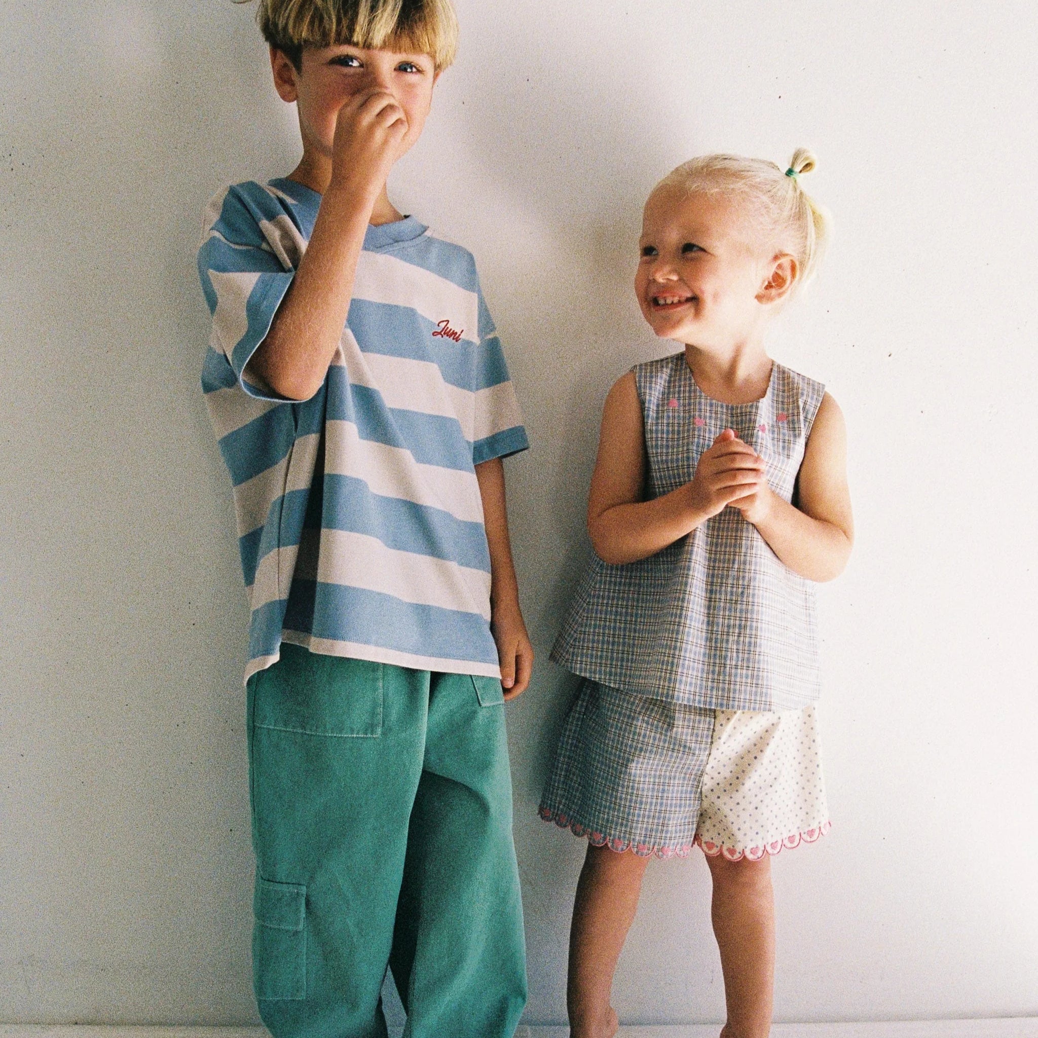 girl wearing reversible Della Top - Blue Check / Polka Dot by Juni