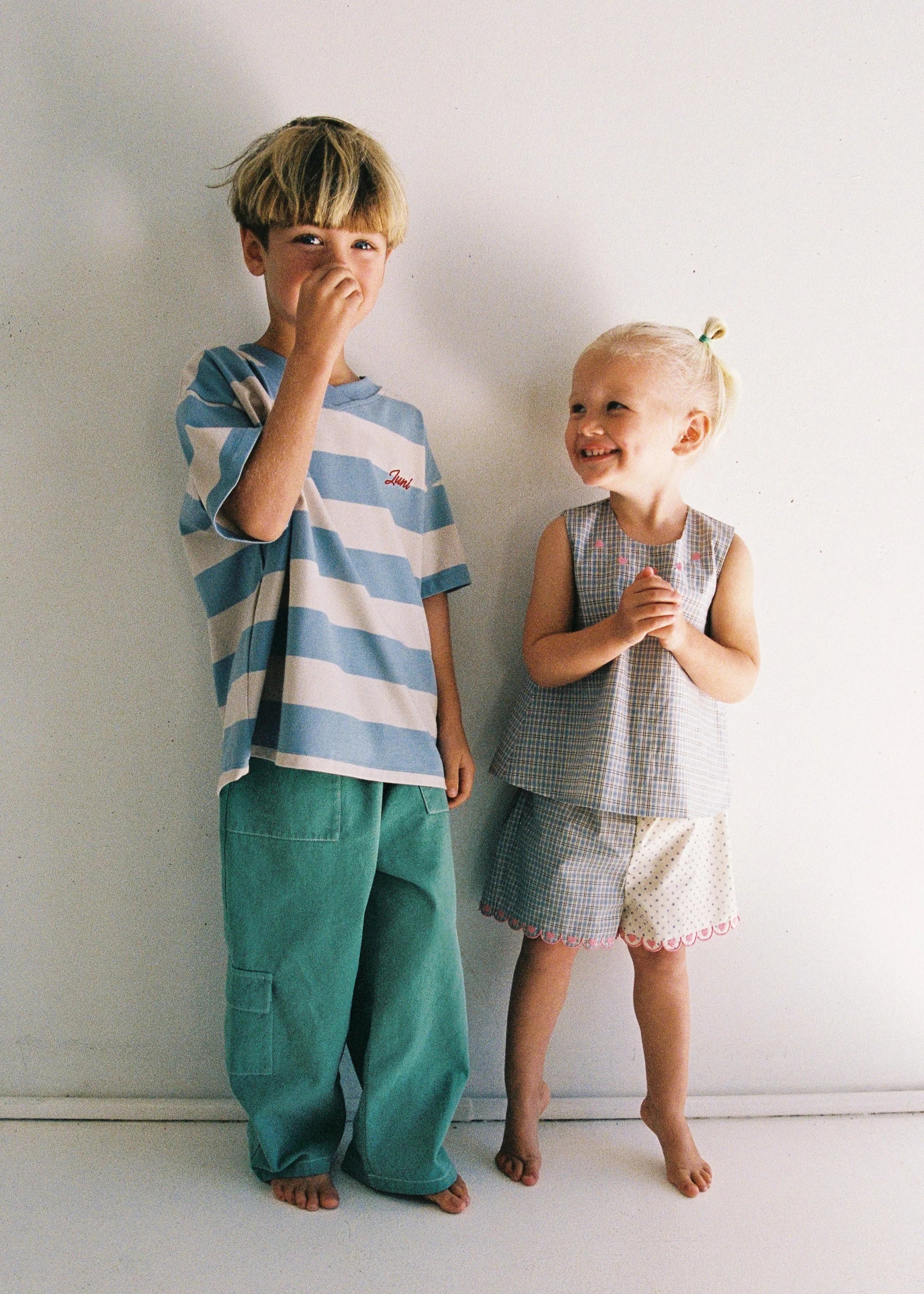 girl wearing reversible Della Top - Blue Check / Polka Dot by Juni