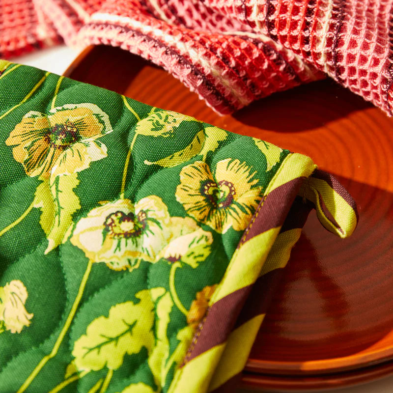 fabric detail of Delphine Double Oven Mitt by Sage & Clare - Green & yellow floral double oven mitt
