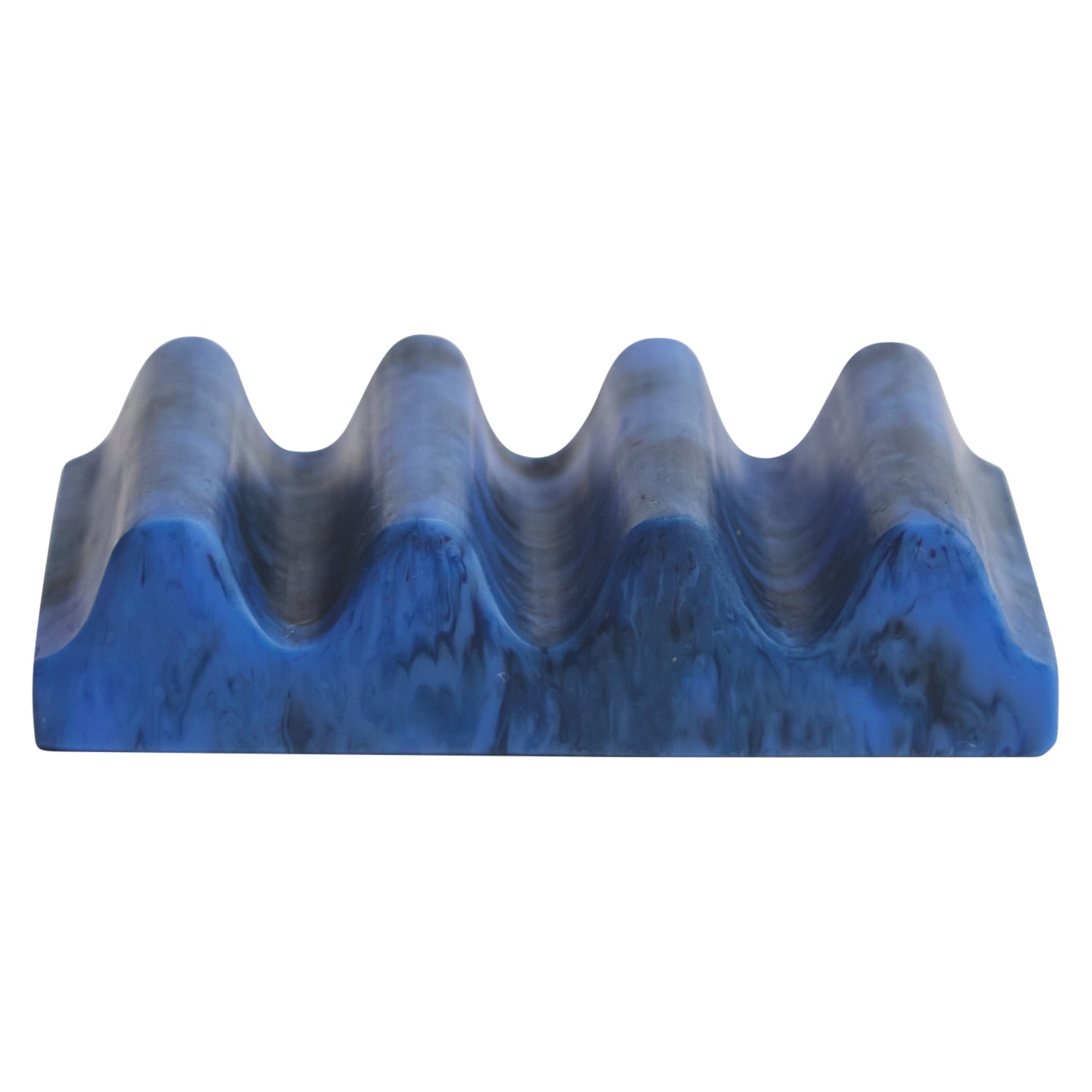 Azure marbled wave-shaped soap dish with blue and grey swirl pattern, front view on white background
