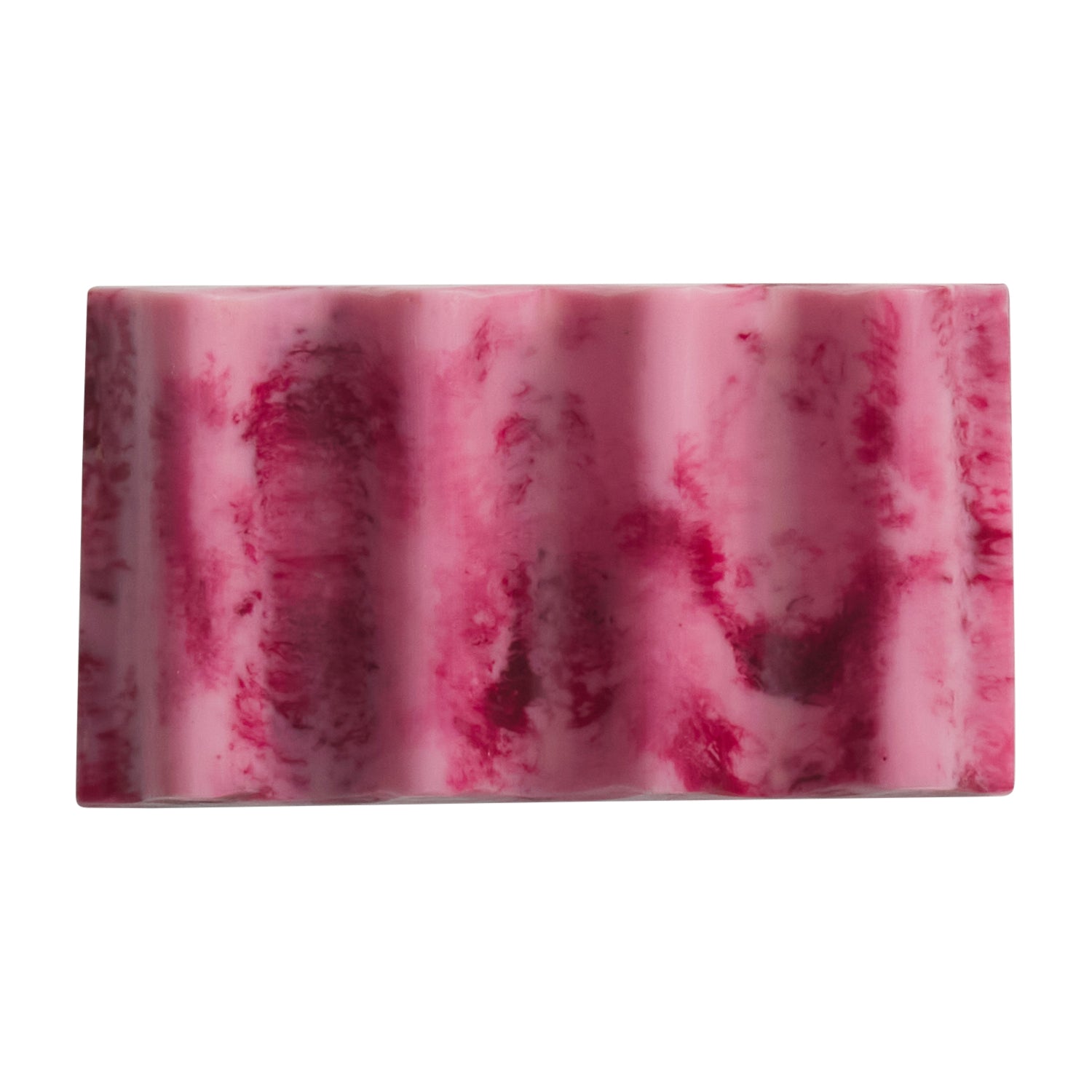 Flat view of pink marbled Denise Soap Dish showing smooth resin surface and wave pattern