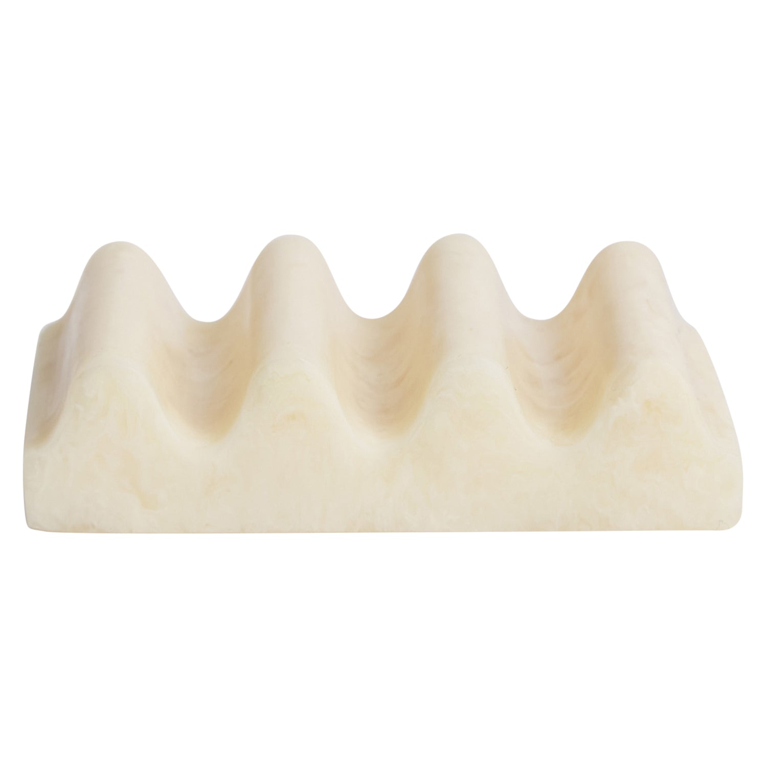 Pearl wave-shaped soap dish in creamy white with subtle marbled veining, front view on white background