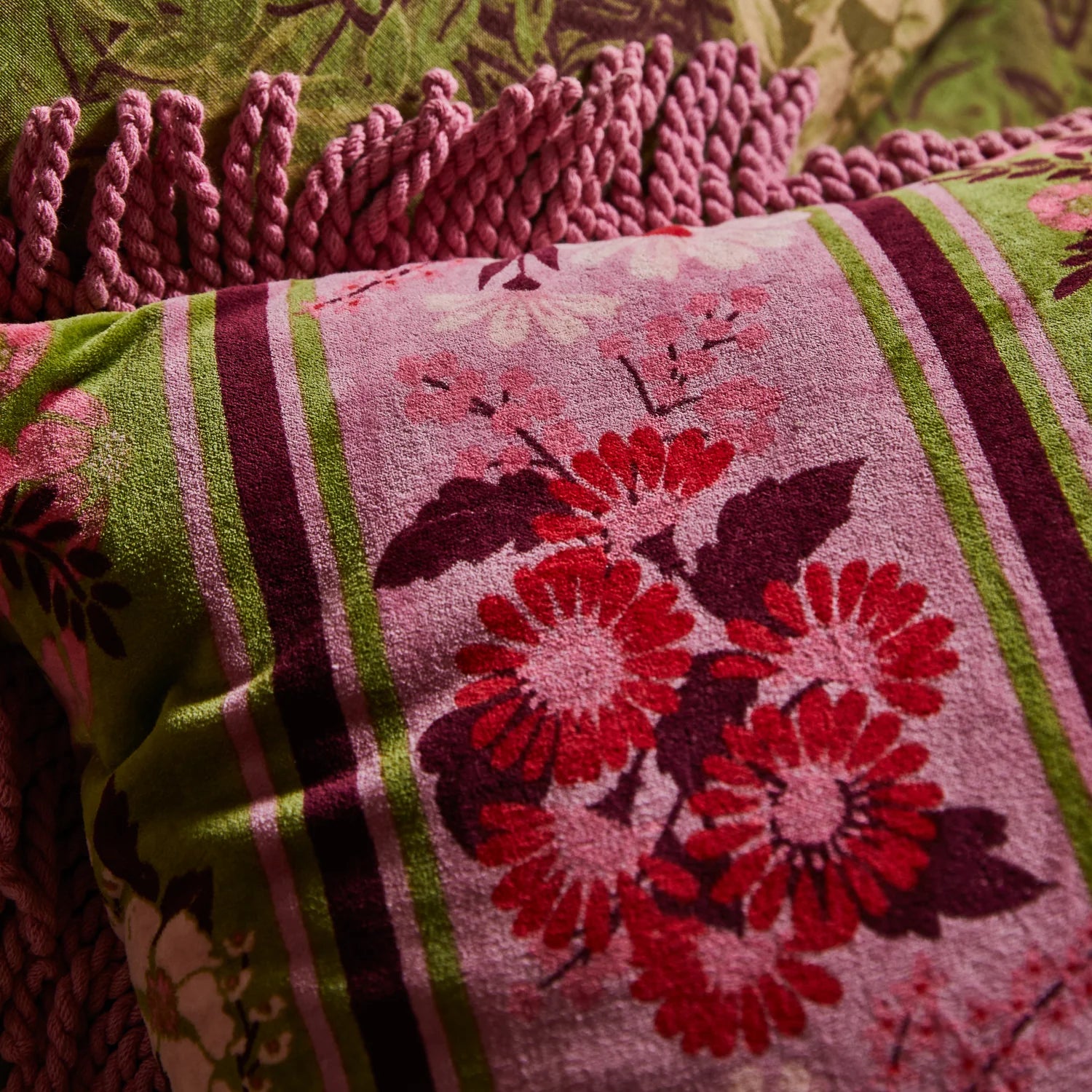 Devi Velvet Cushion Rosewater Sage & Clare - pink and green floral velvet cushion