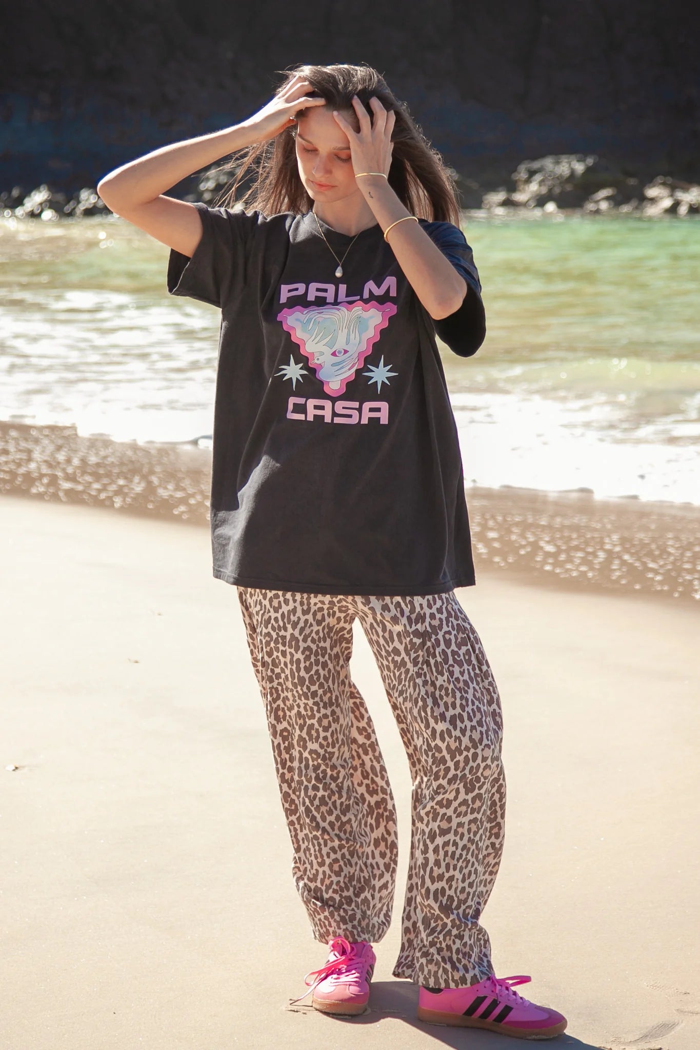 Model wearing Dove Eye T-Shirt by Palm Collective