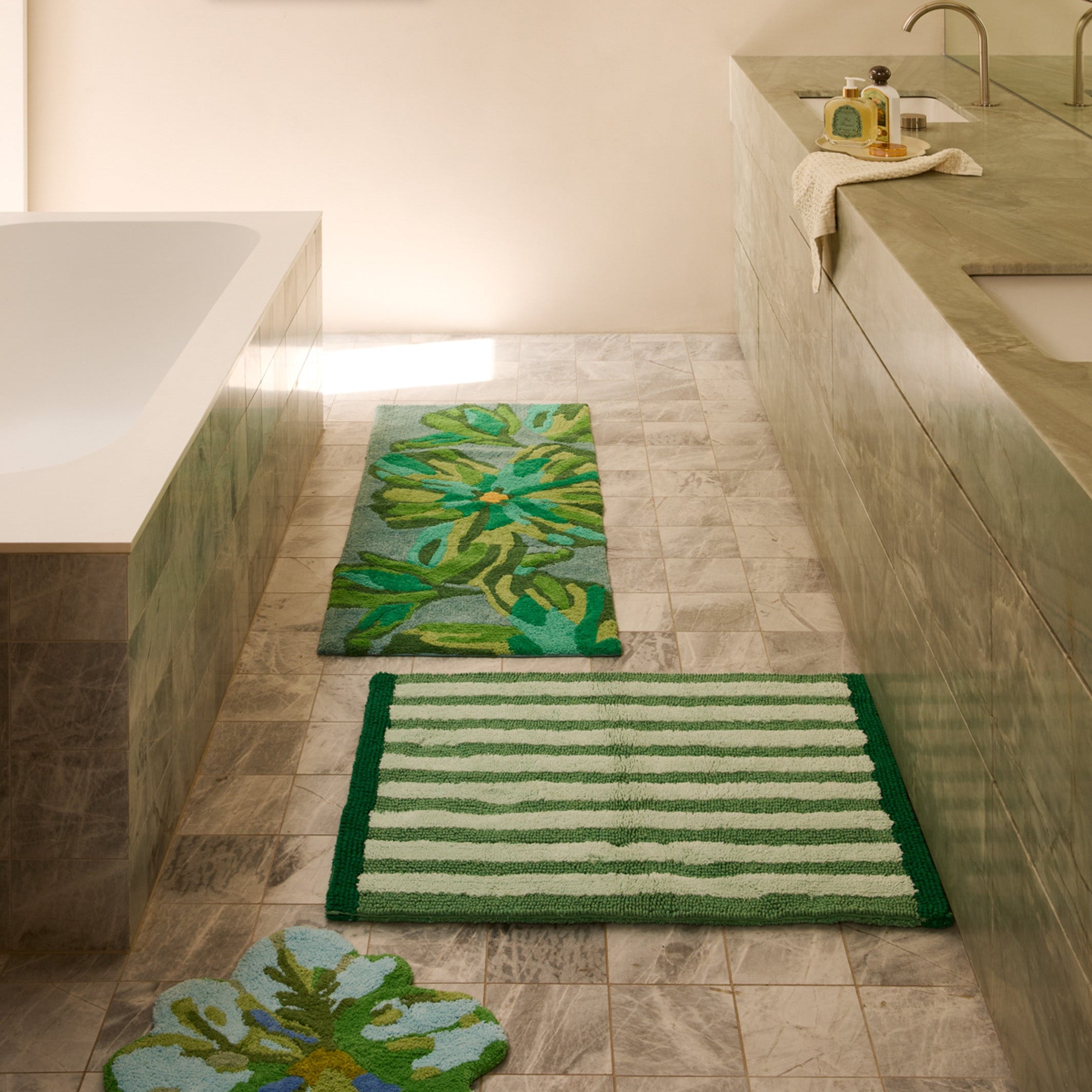 Dutch Floral Green Long Bath Mat by Bonnie & Neil with hand drawn tulip design in green tones