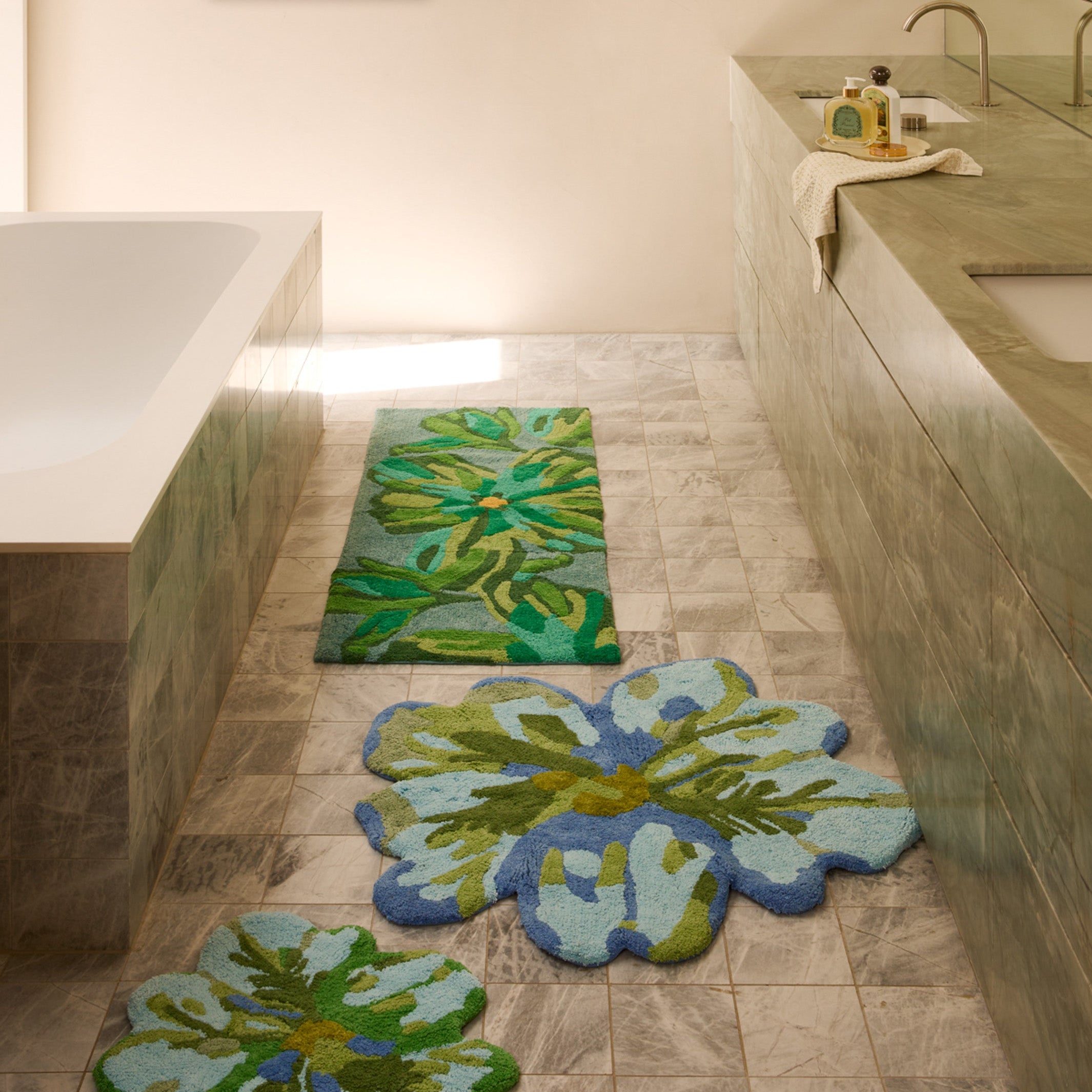 Bathroom styling shot of Dutch Floral Green Long Bath Mat paired with matching floral bath mats