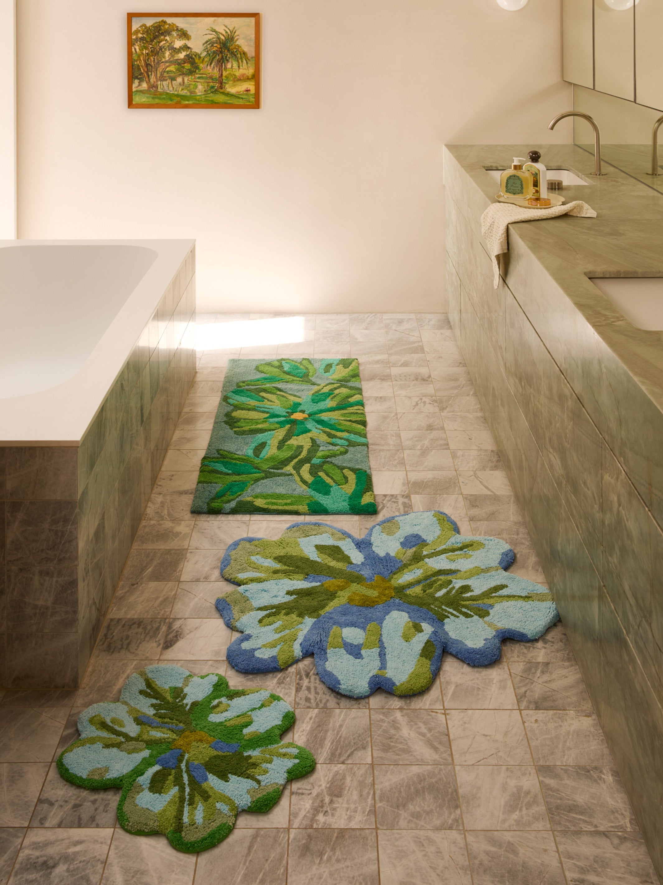 Bathroom styling shot of Dutch Floral Green Long Bath Mat paired with matching floral bath mats