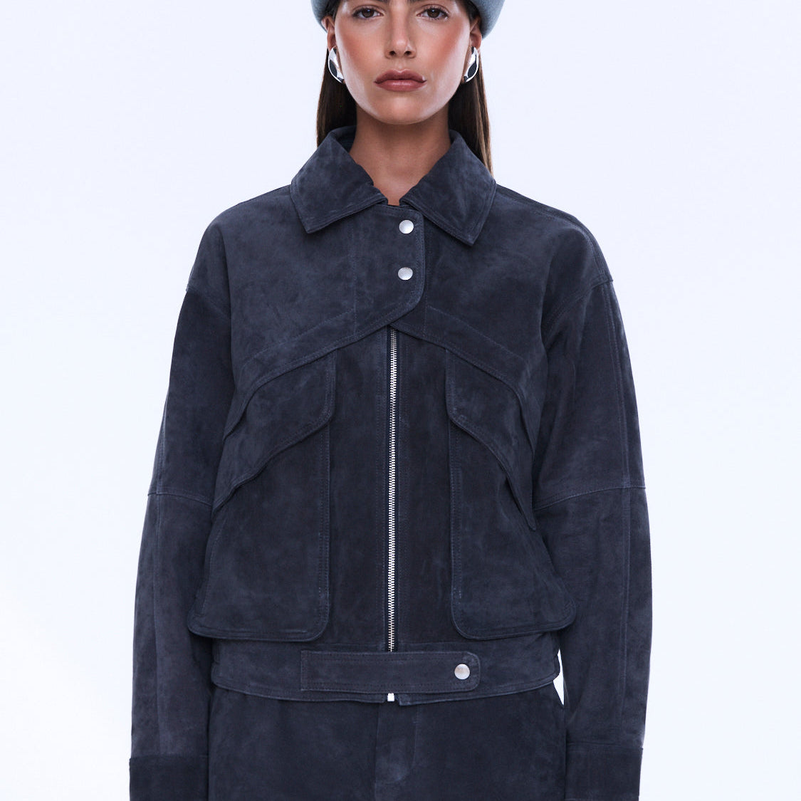 Front view of Emma Utility Suede Jacket highlighting chest pockets and zip closure with silver hardware
