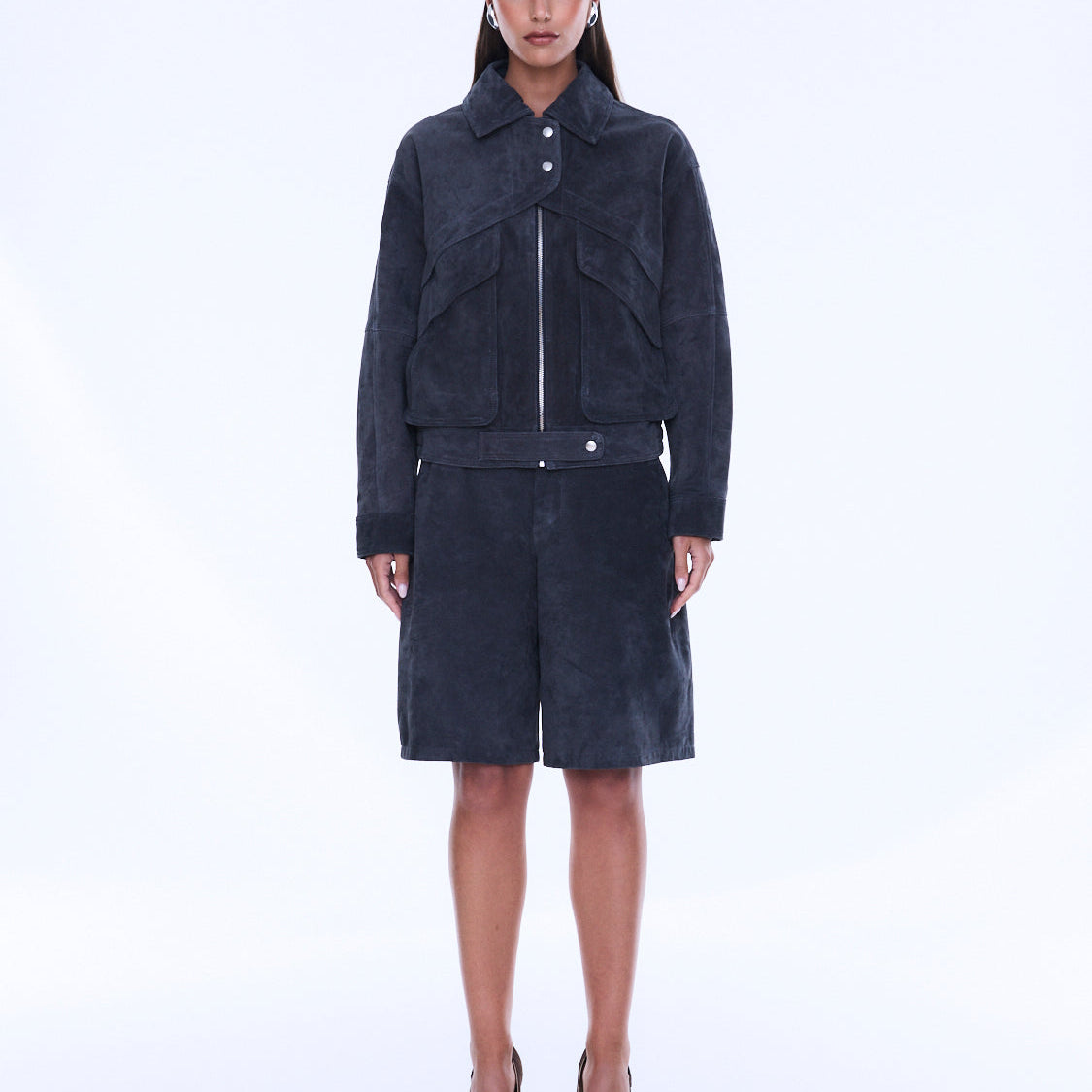 Full frontal view of Emma Utility Suede Jacket showcasing complete navy suede utility design and proportions