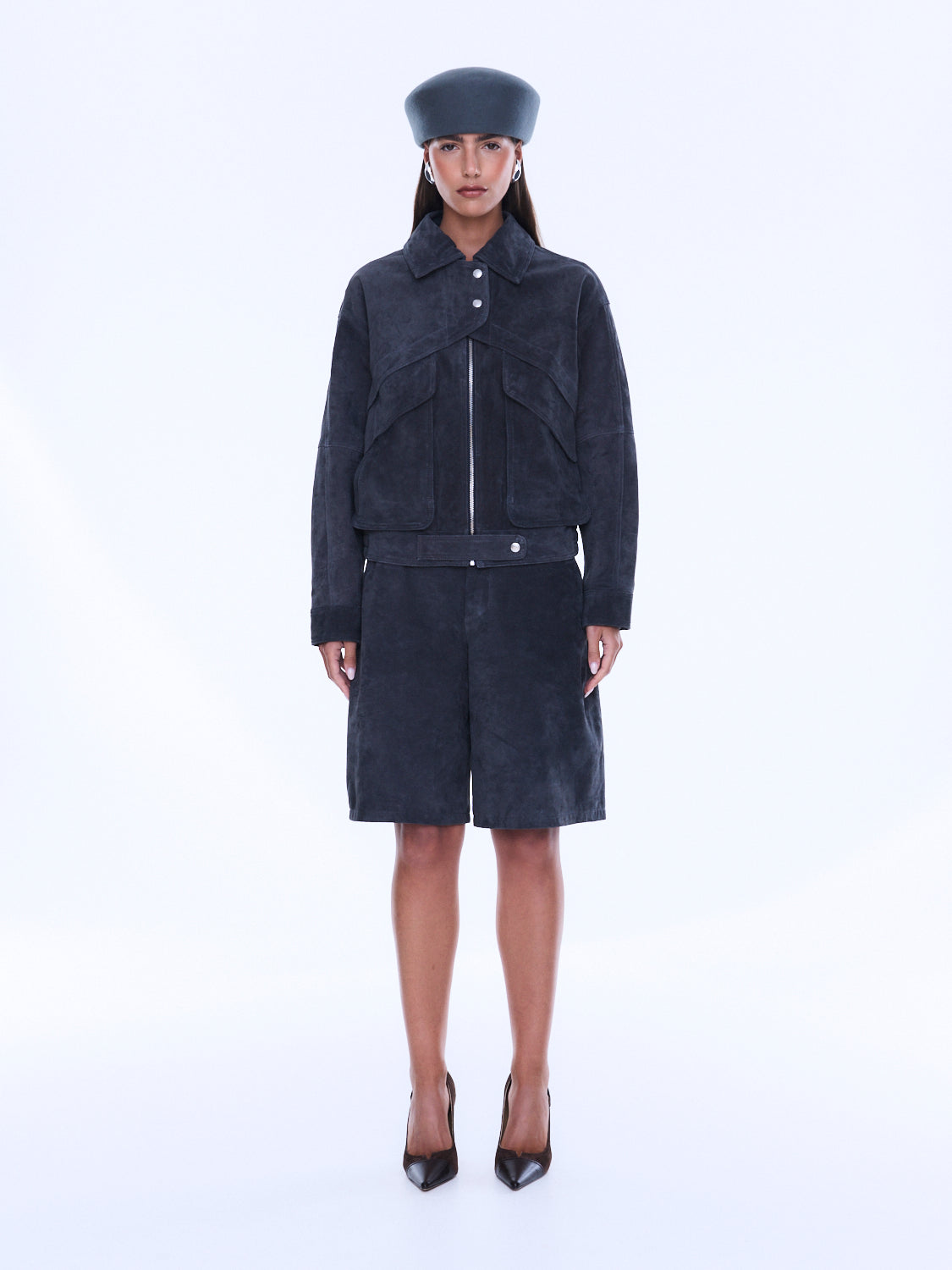 Full frontal view of Emma Utility Suede Jacket showcasing complete navy suede utility design and proportions