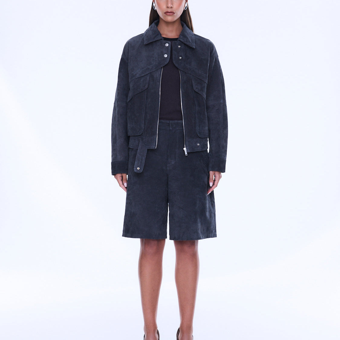 Emma Utility Suede Jacket worn open revealing layered styling and utility pocket placement details