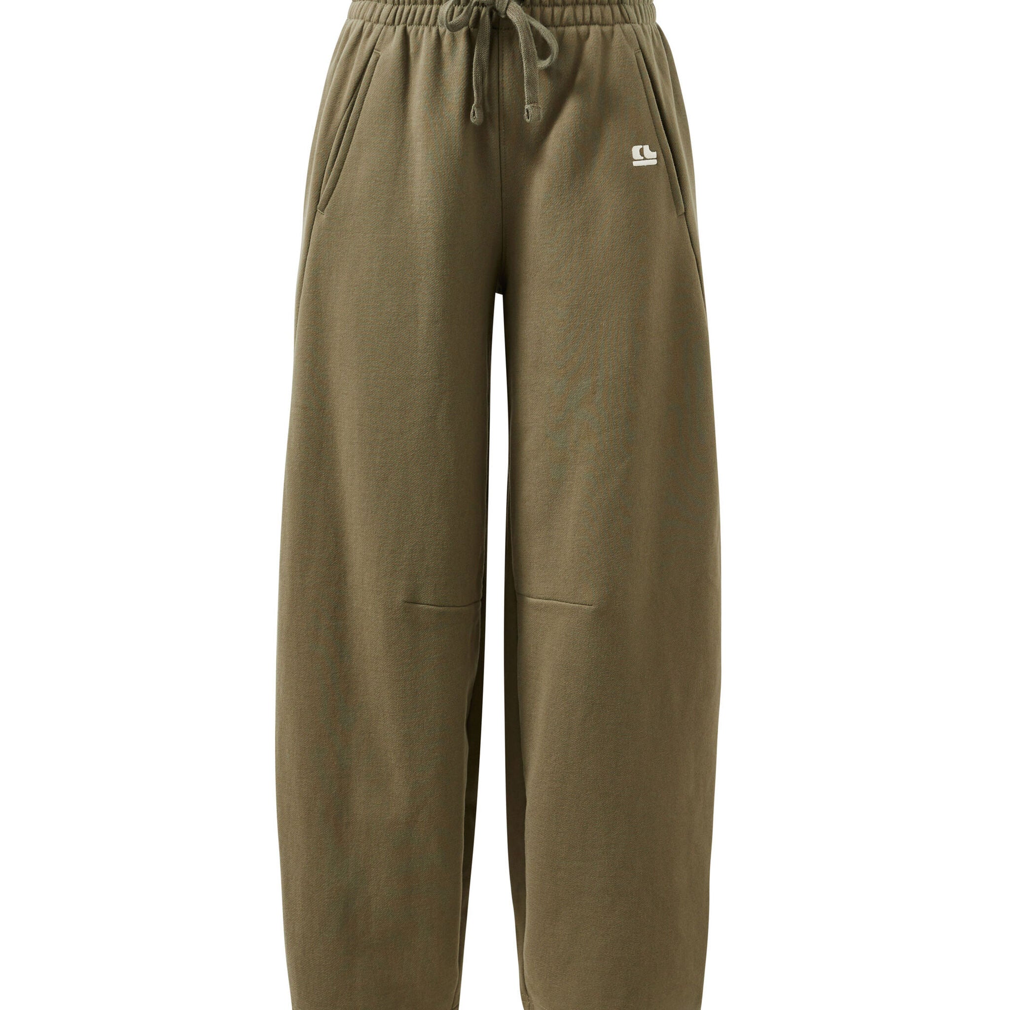 Front view flat lay of washed olive barrel trackpant with elastic waistband and drawstring