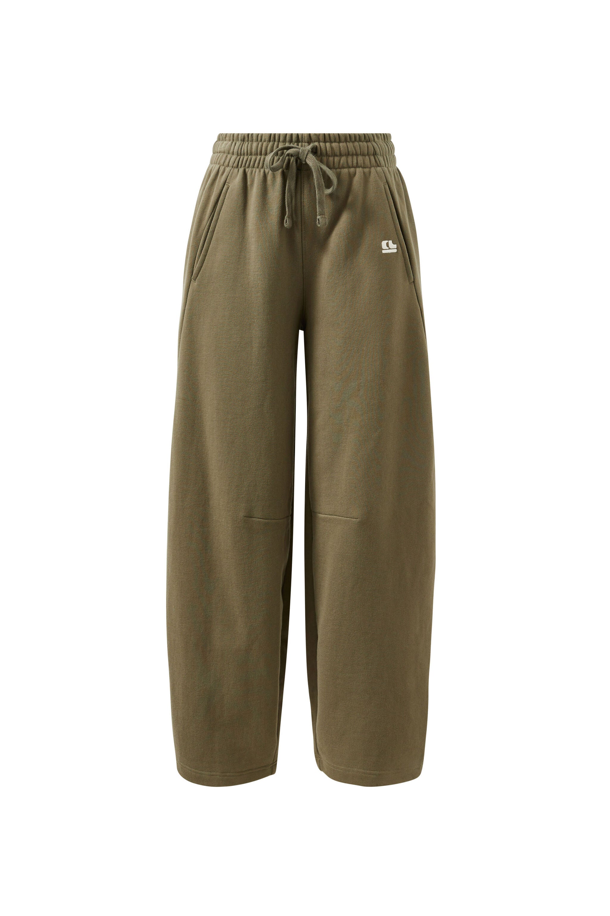 Front view flat lay of washed olive barrel trackpant with elastic waistband and drawstring