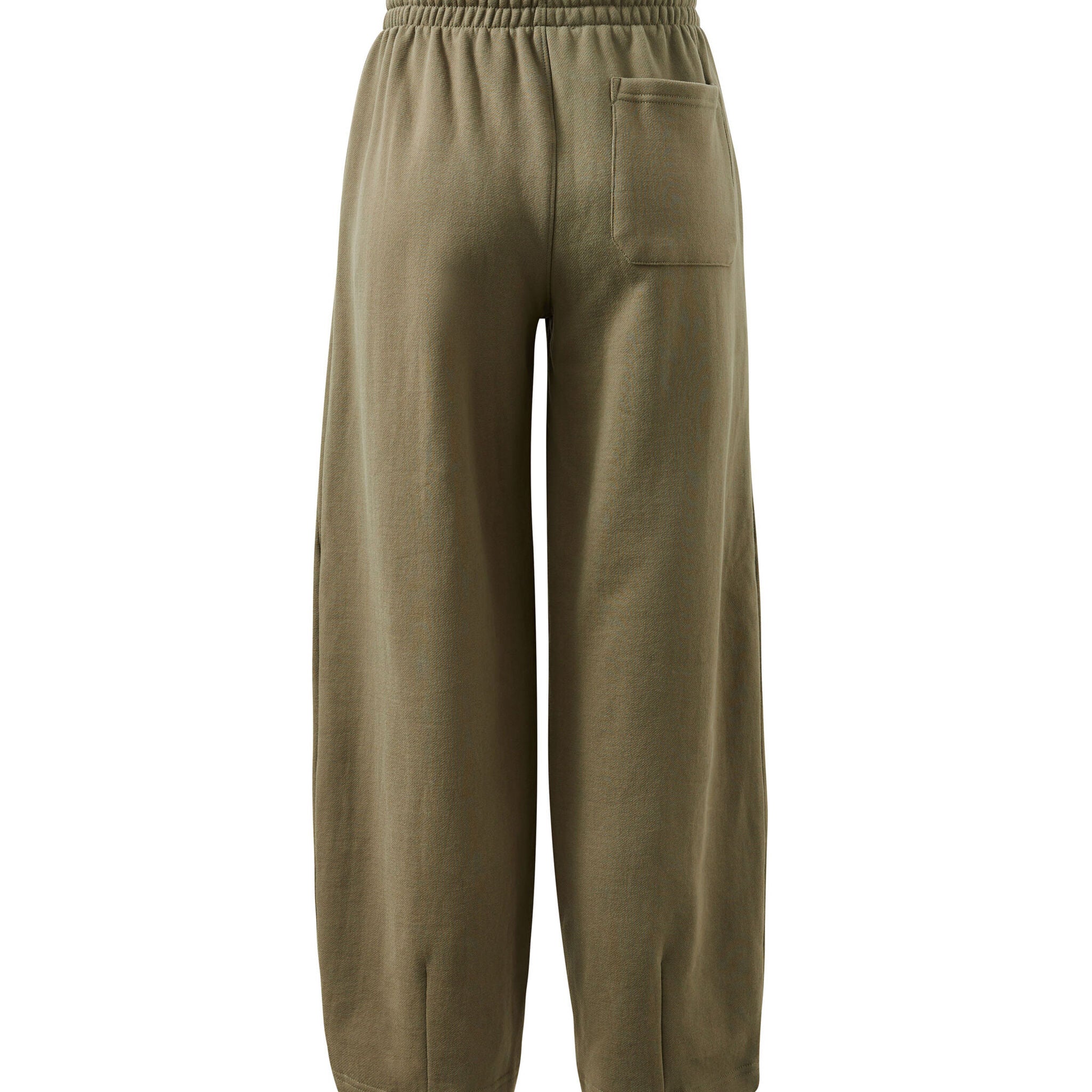 Back view flat lay showing washed olive barrel trackpant with back pocket and elastic waistband