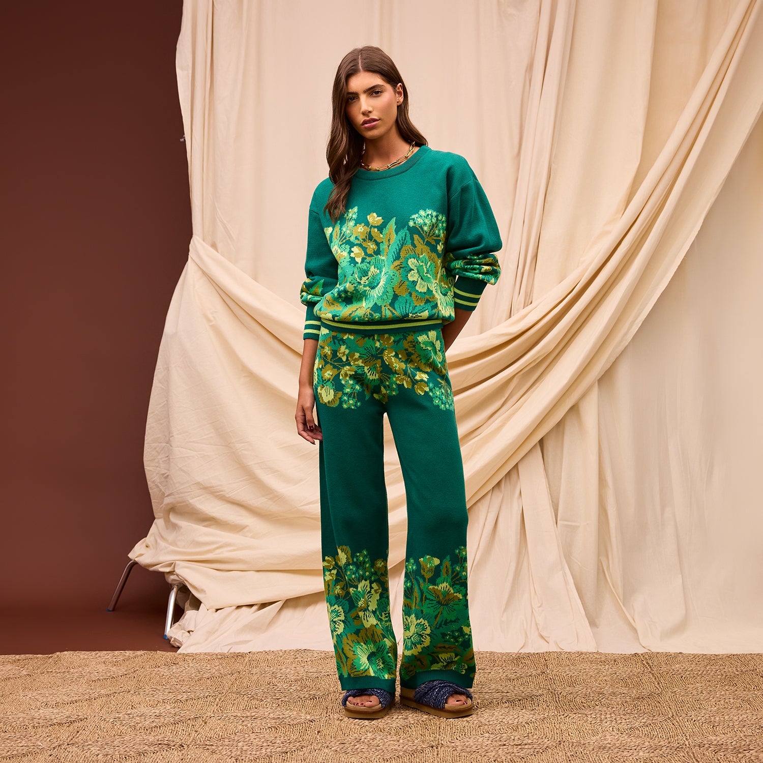 Full body styling shot of Eliza Knit Sweater paired with matching wide leg pants in teal