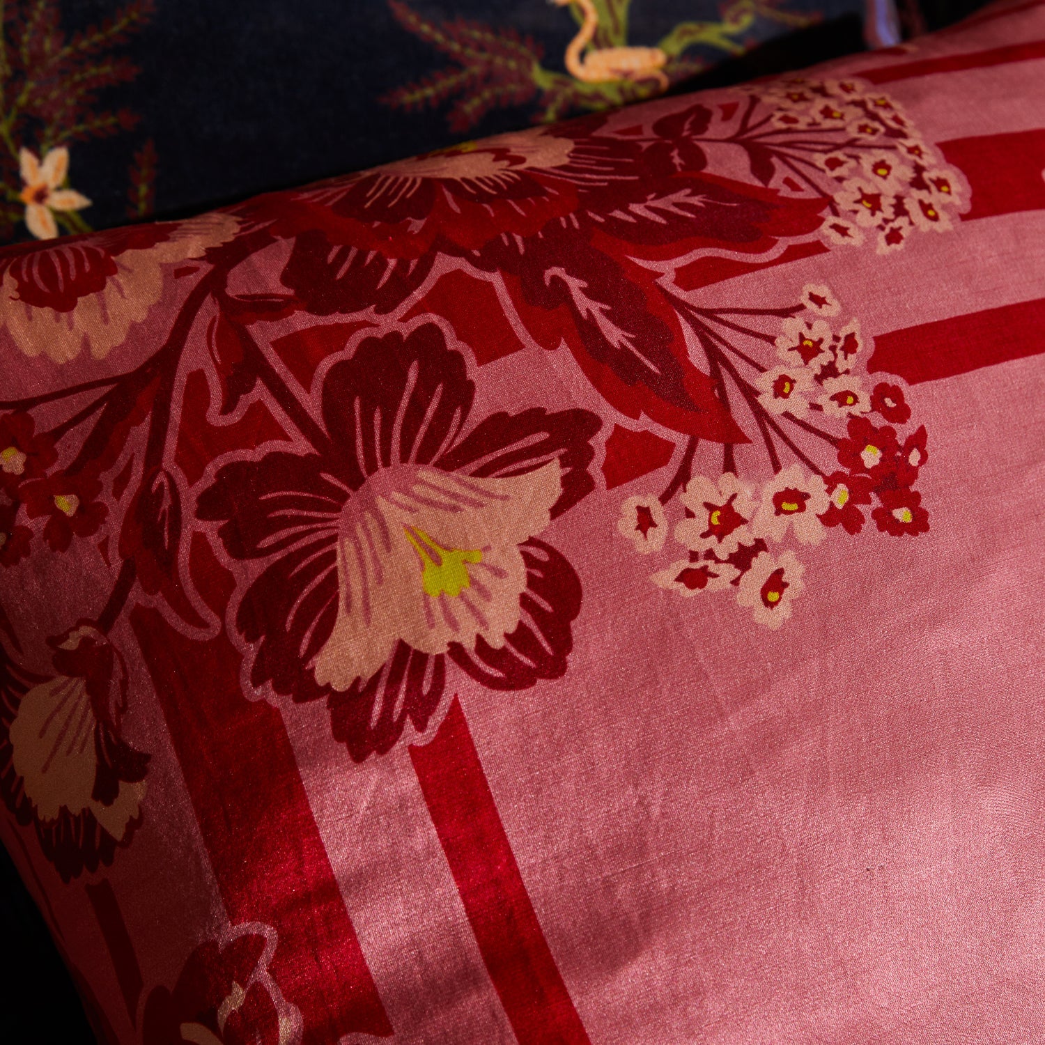 Close-up detail of Eliza Cushion showing silk-linen fabric texture and intricate floral motifs