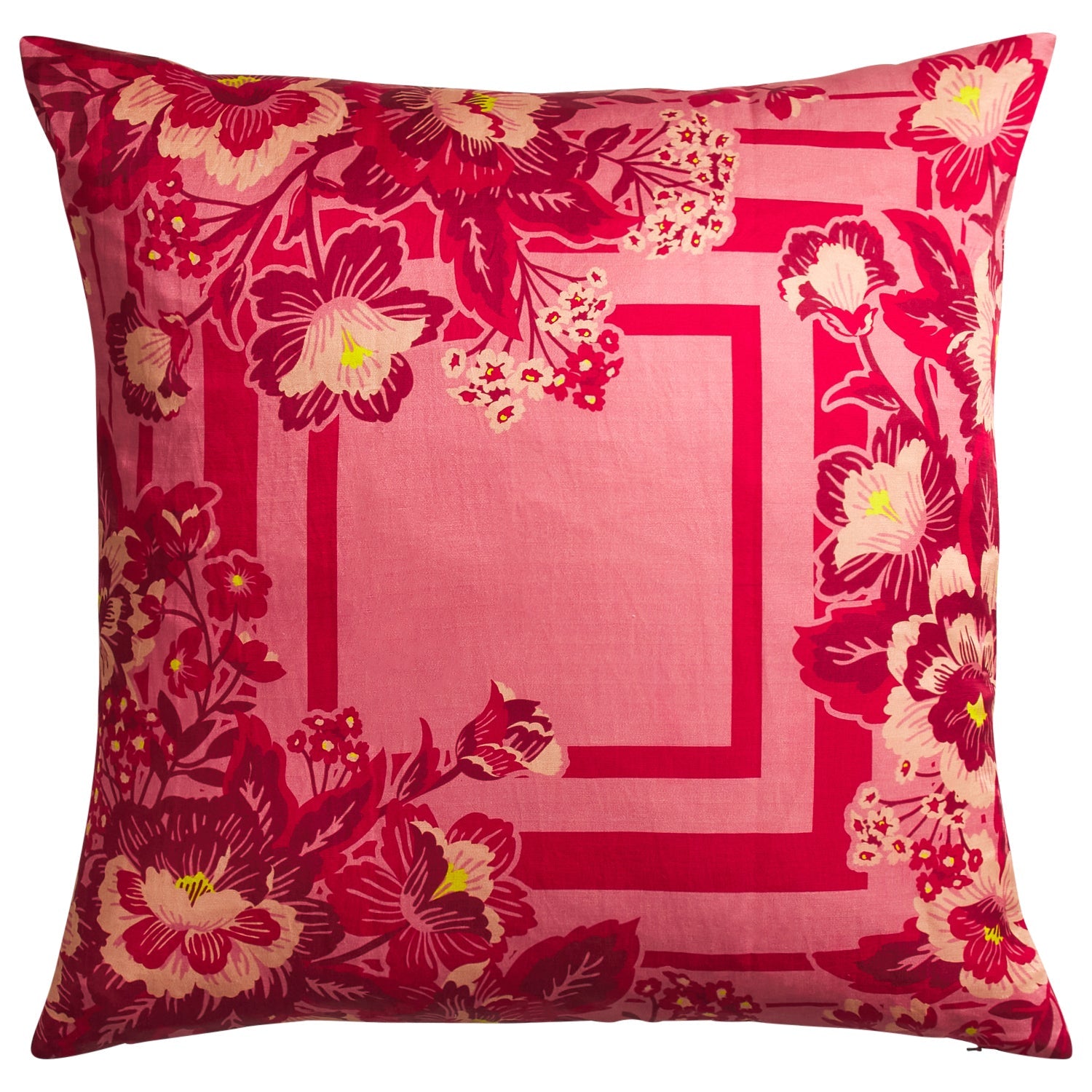 Front view of Eliza Silk-Linen Cushion displaying complete floral border design and geometric center