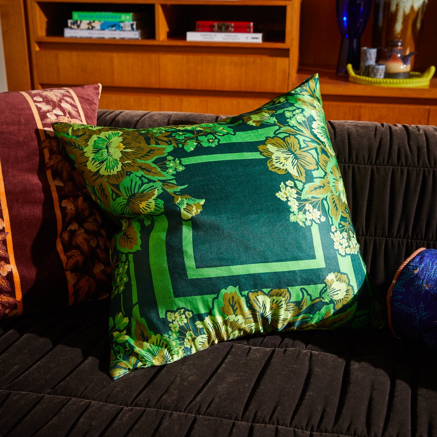 Eliza Silk-Linen Cushion Verdant by Sage & Clare with green floral botanical print on emerald background