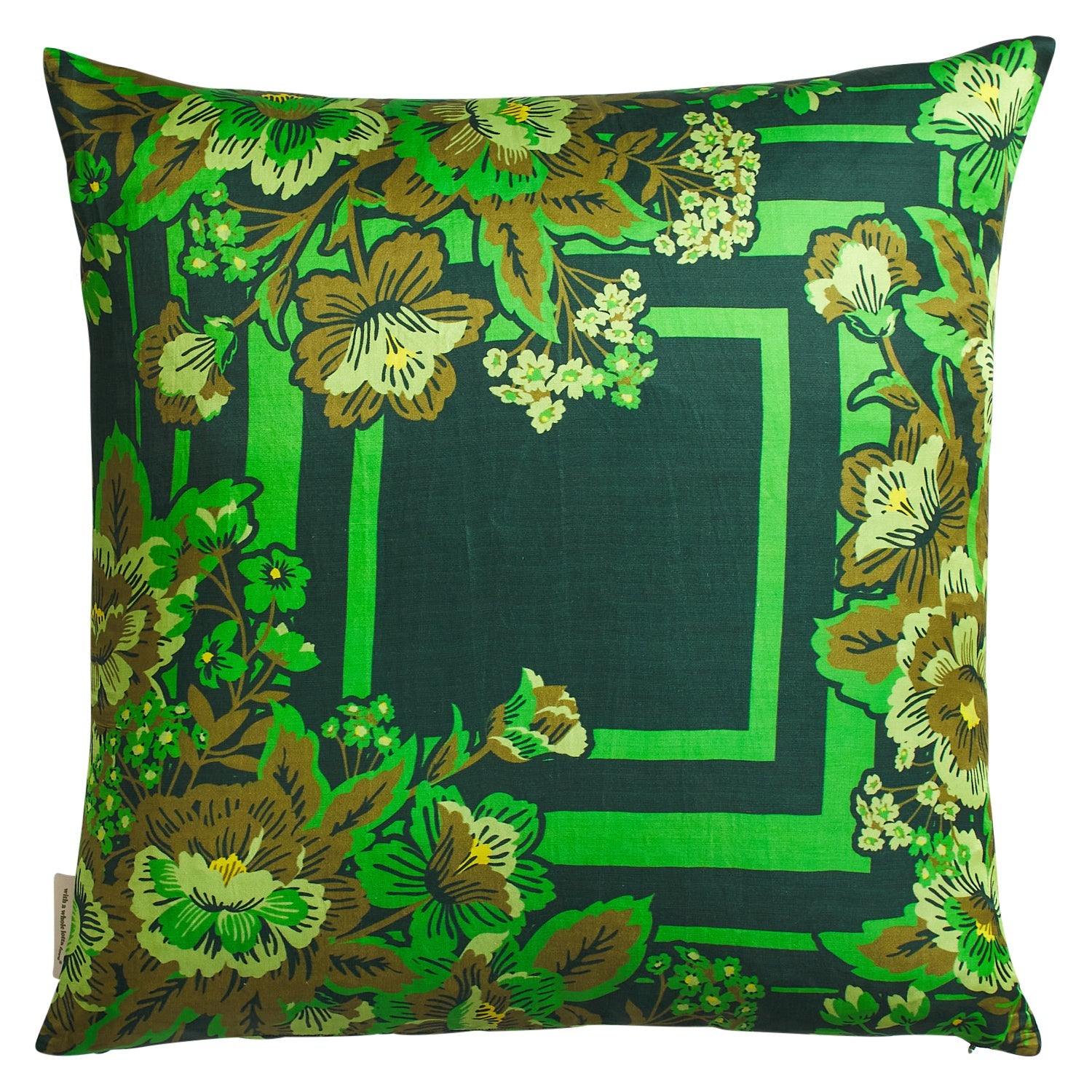 Back view of Eliza Silk-Linen Cushion Verdant showing complete botanical floral border design