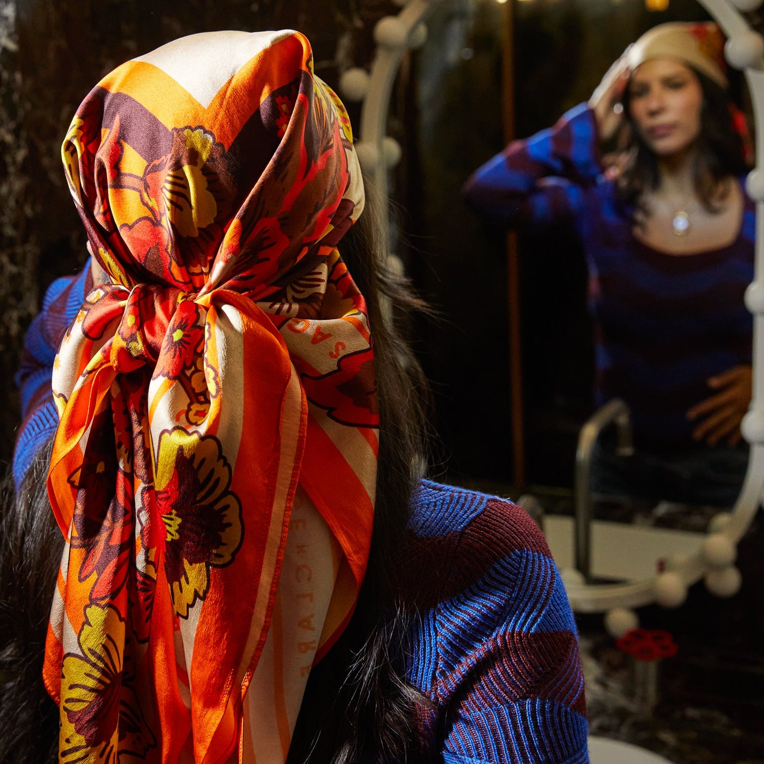 Eliza Silk Scarf styled as head wrap covering hair for bohemian vintage look