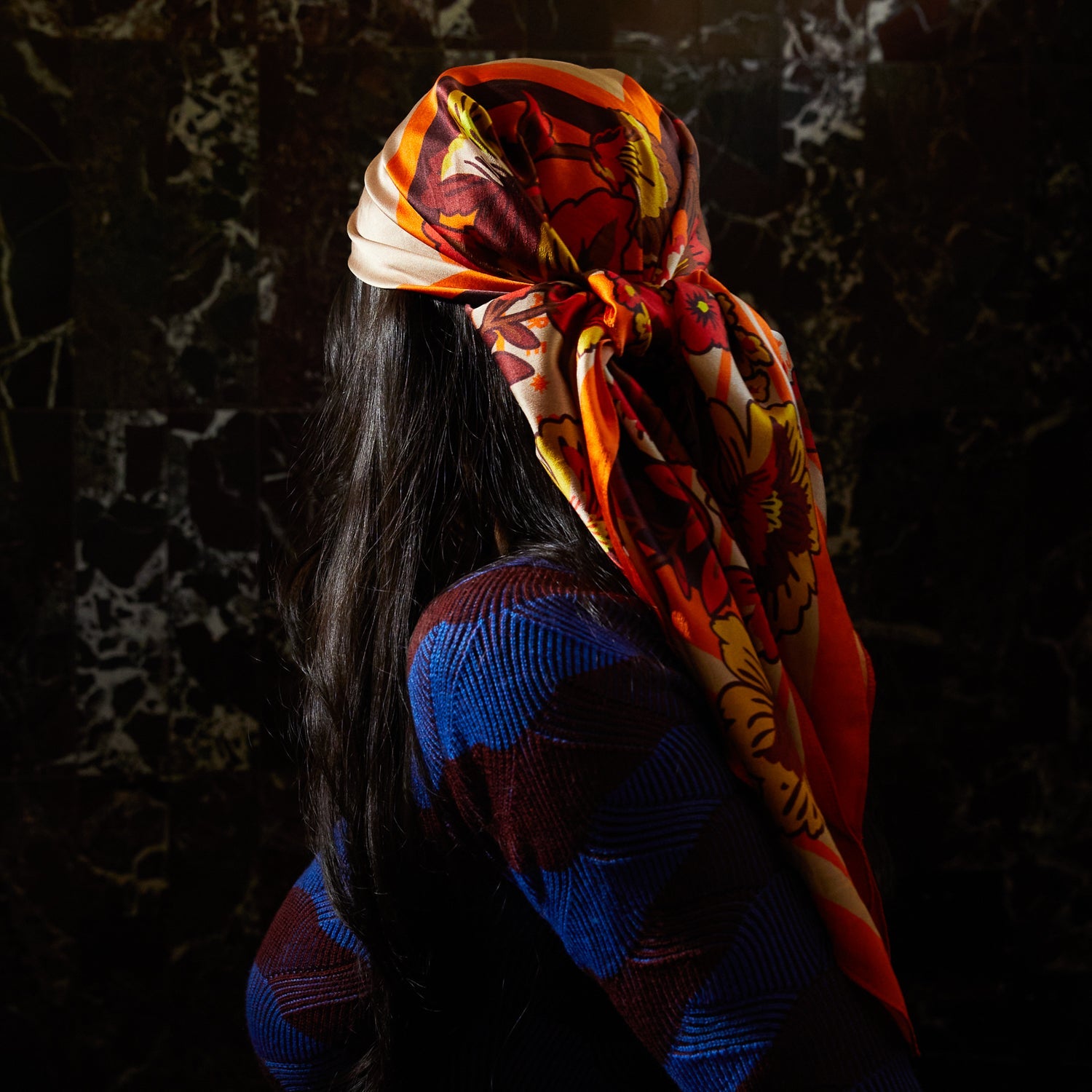 Back view of Eliza Silk Scarf tied as head wrap showing flowing drape and styling versatility
