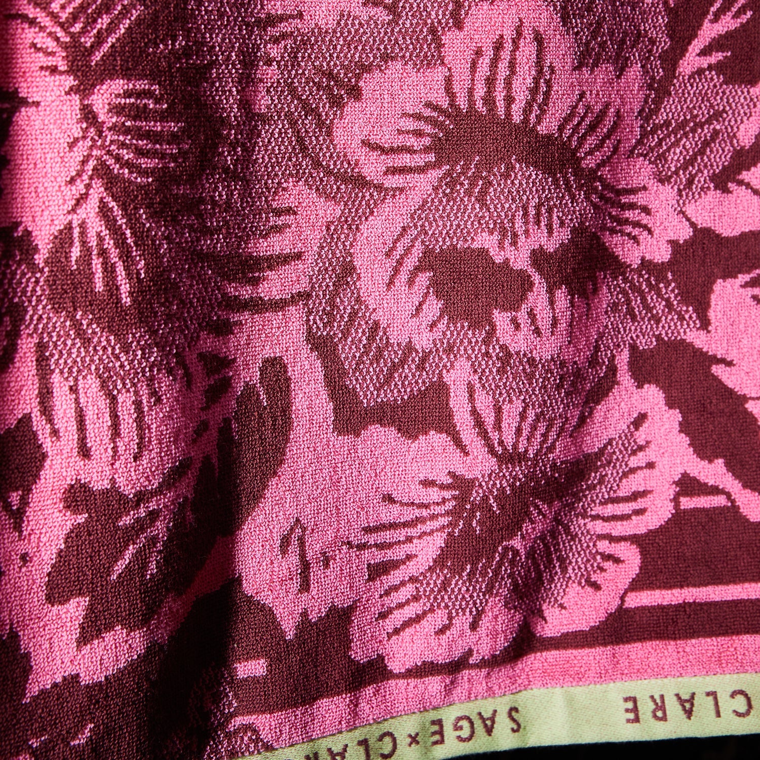 fabric detail of Eliza Bath Sheet - Primrose by Sage & Clare - pink and burgundy floral towel