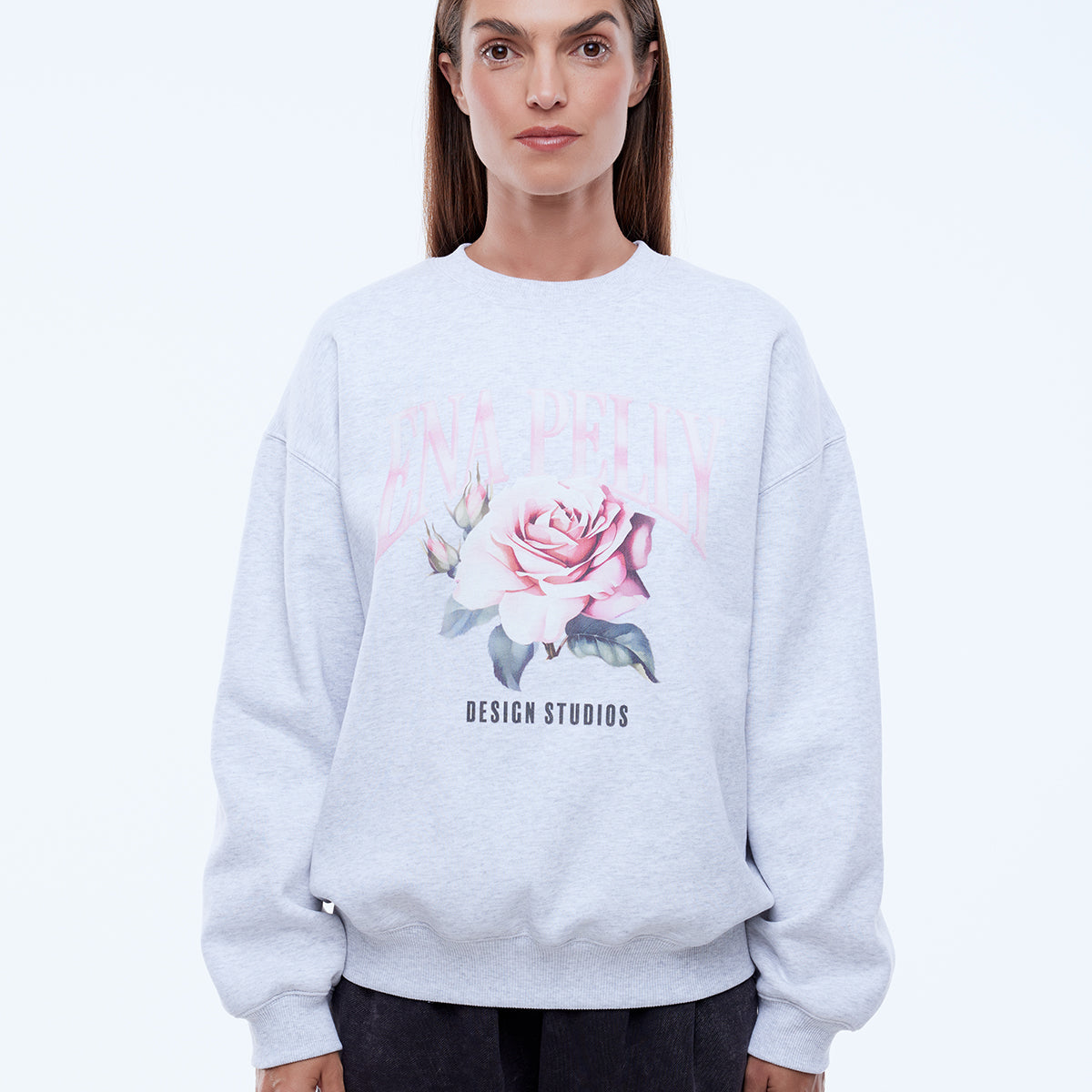 Ena Pelly Rose Sweatshirt White Marle oversized cotton fleece jumper with floral graphic print