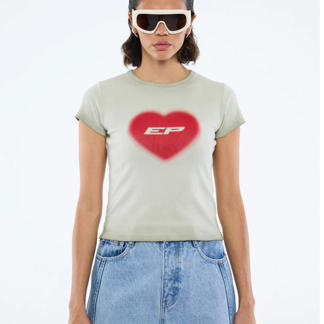 model wearing Ep Heart Rib Baby Tee - Washed Stone by Ena Pelly