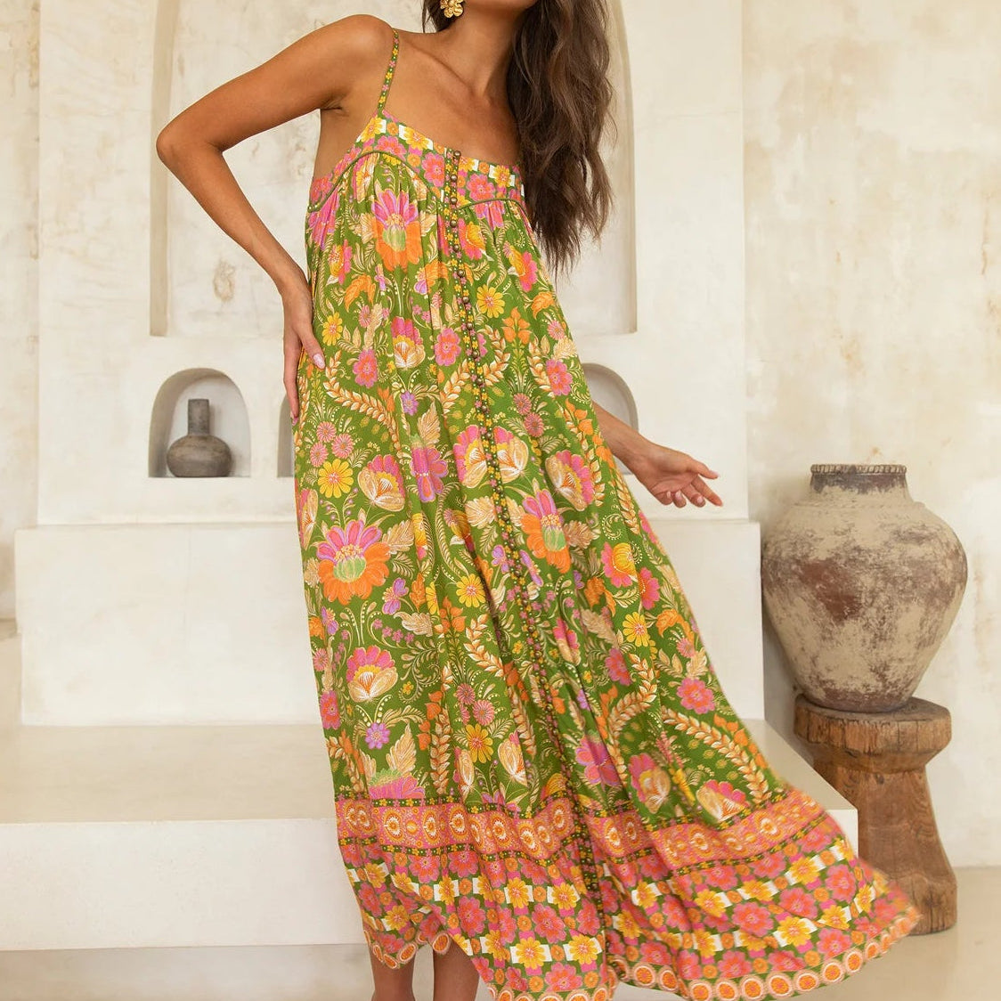 Estella Dress Guava by Nine Lives Bazaar midi length flowy silhouette brass buttons ruffle hem