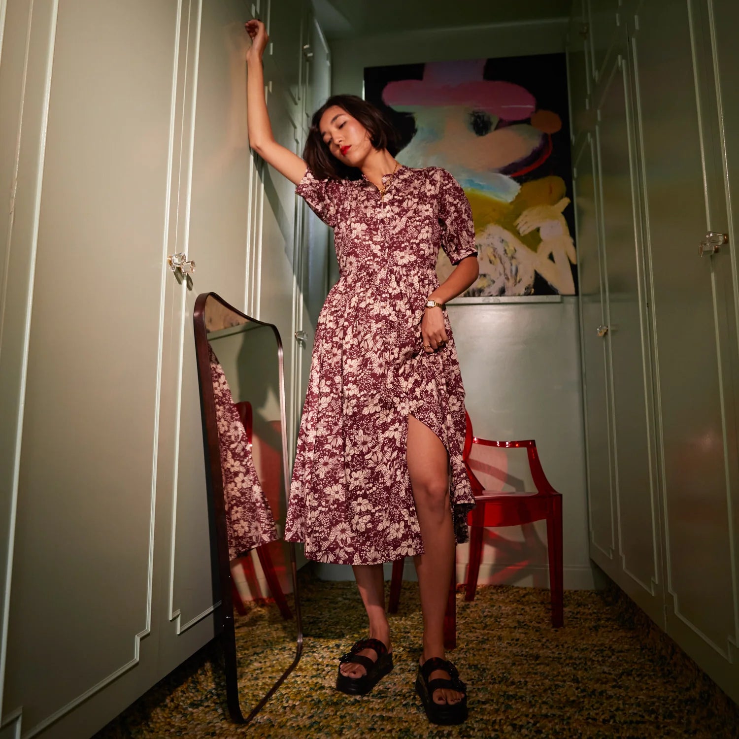 Maroon floral print organic cotton dress