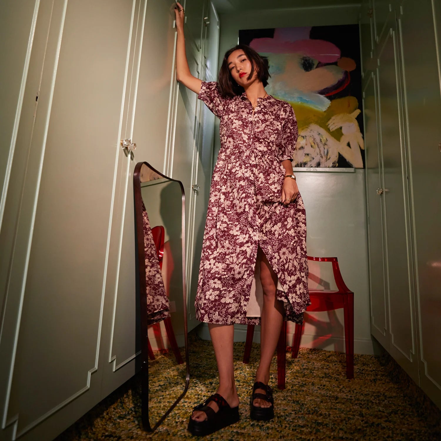 maroon button up floral print dress