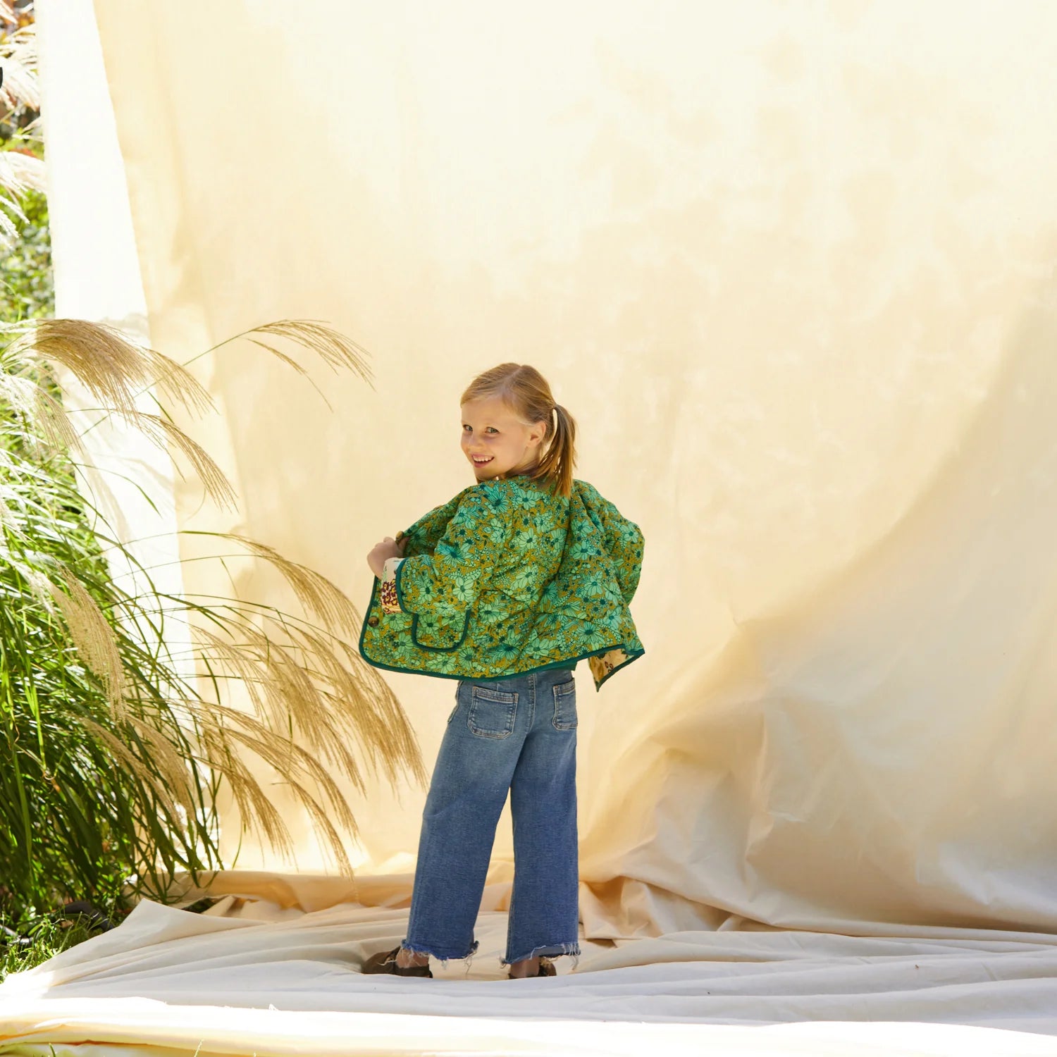 Green floral kids quilited jacket