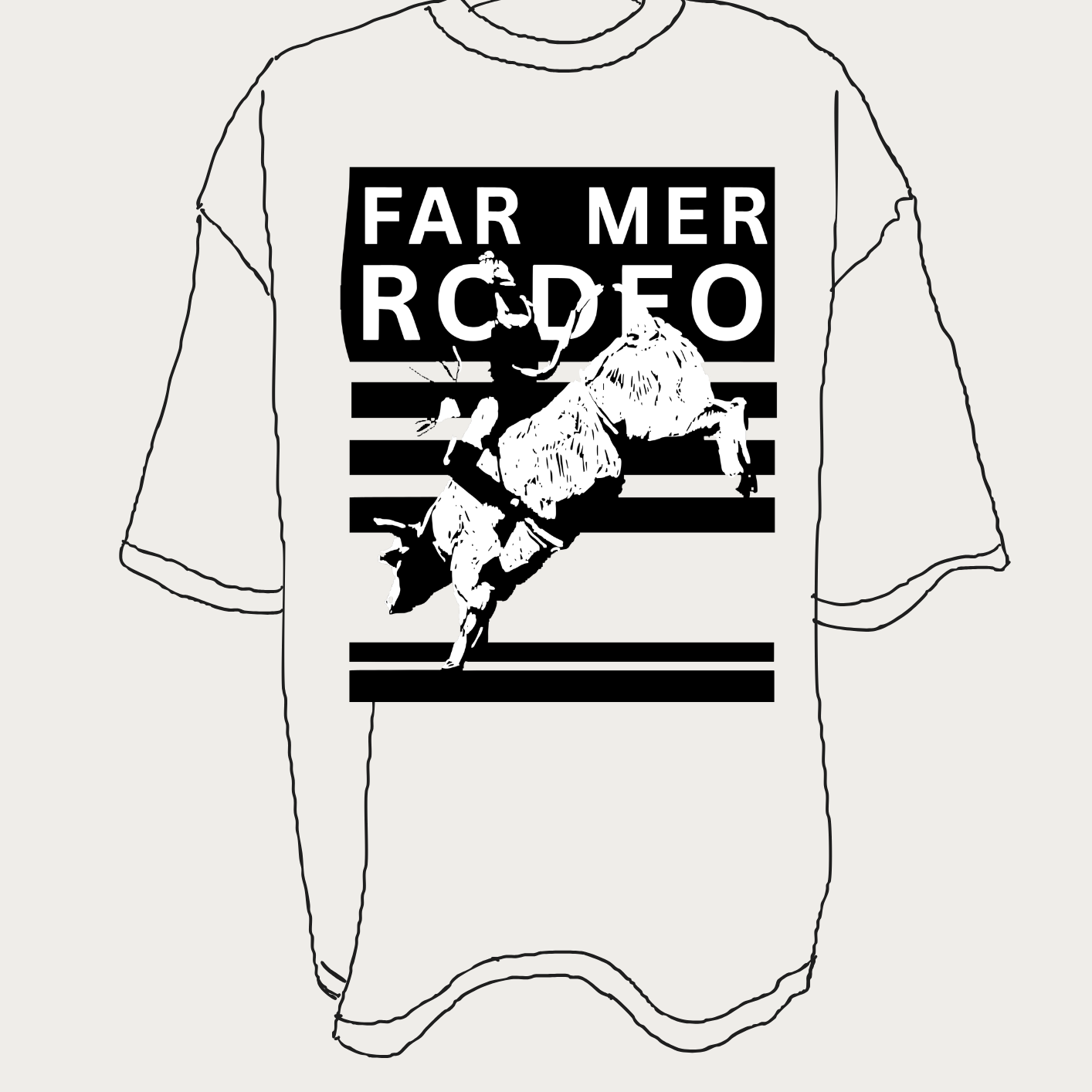 Flat lay illustration of Rodeo Box Tee showing black and white graphic design on white cotton tee