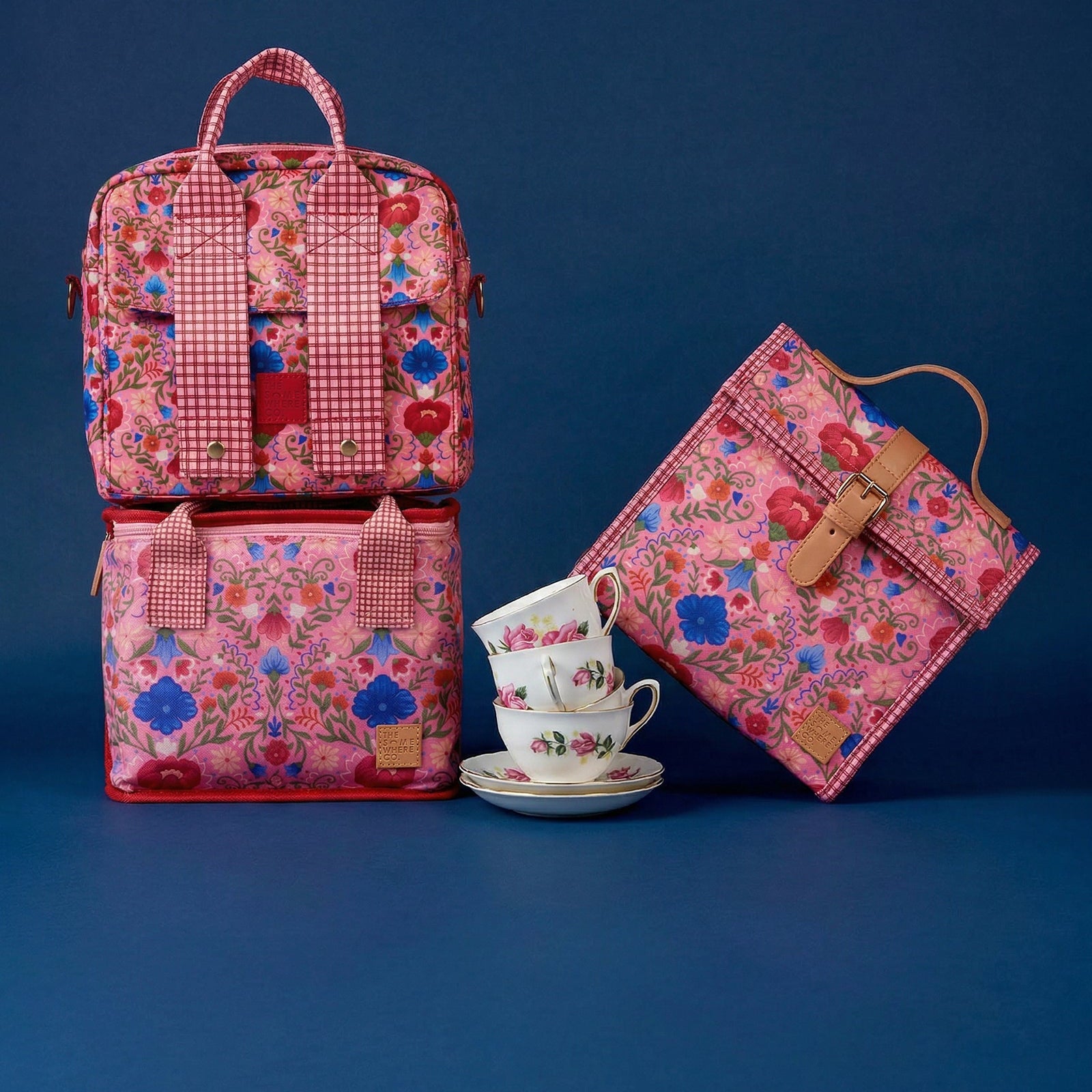 Fable lunch collection featuring multiple bags with matching floral and gingham patterns