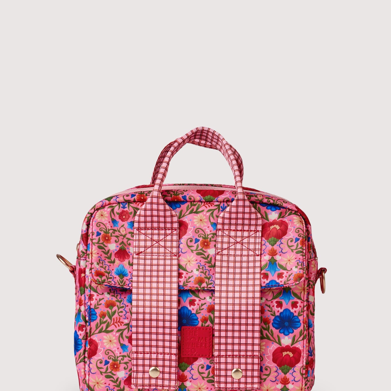 Front view of Fable lunch tote showing pink floral print with red gingham handles and trim