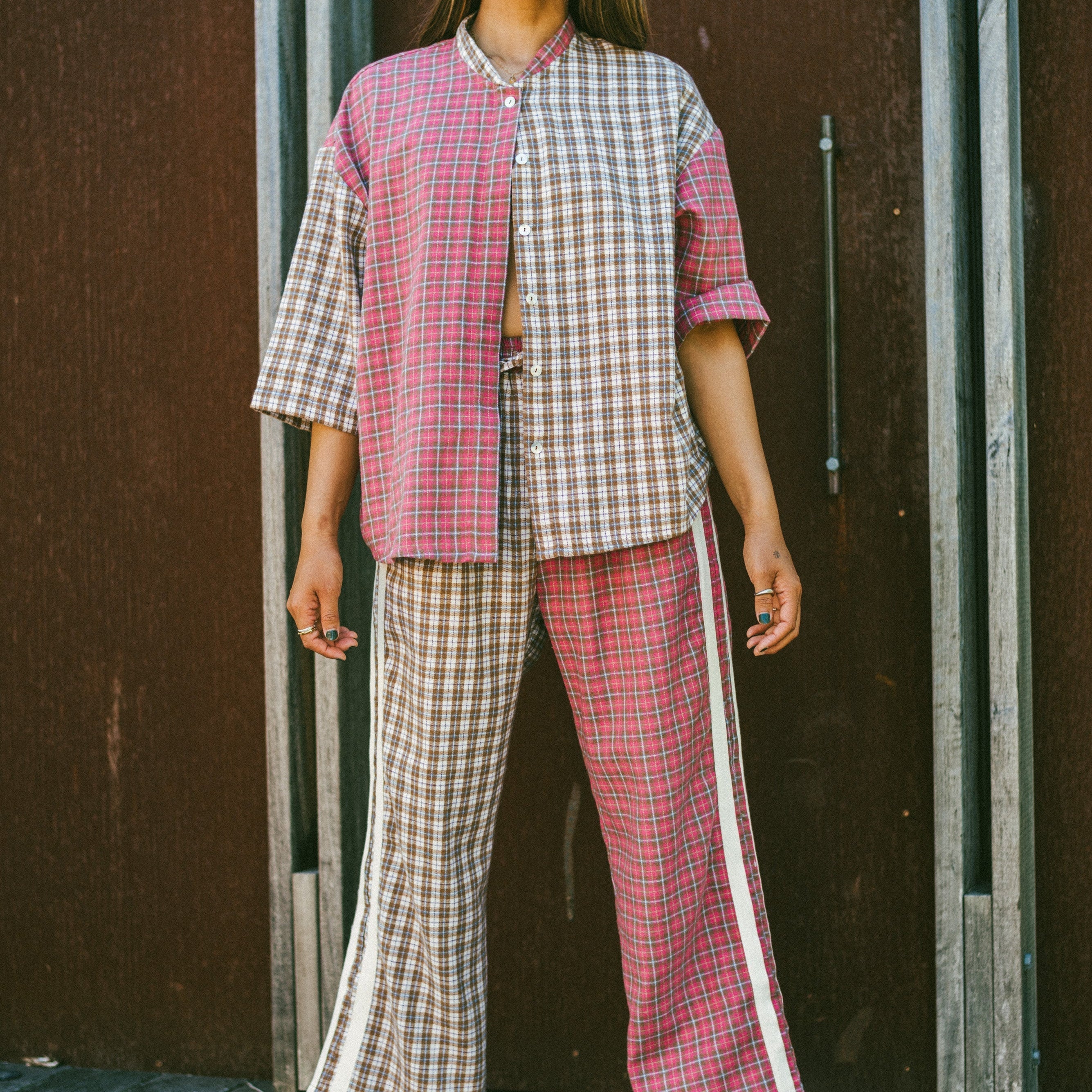 lady modelling Flannel Flare Pant - Strawberry Milk by Atmosea