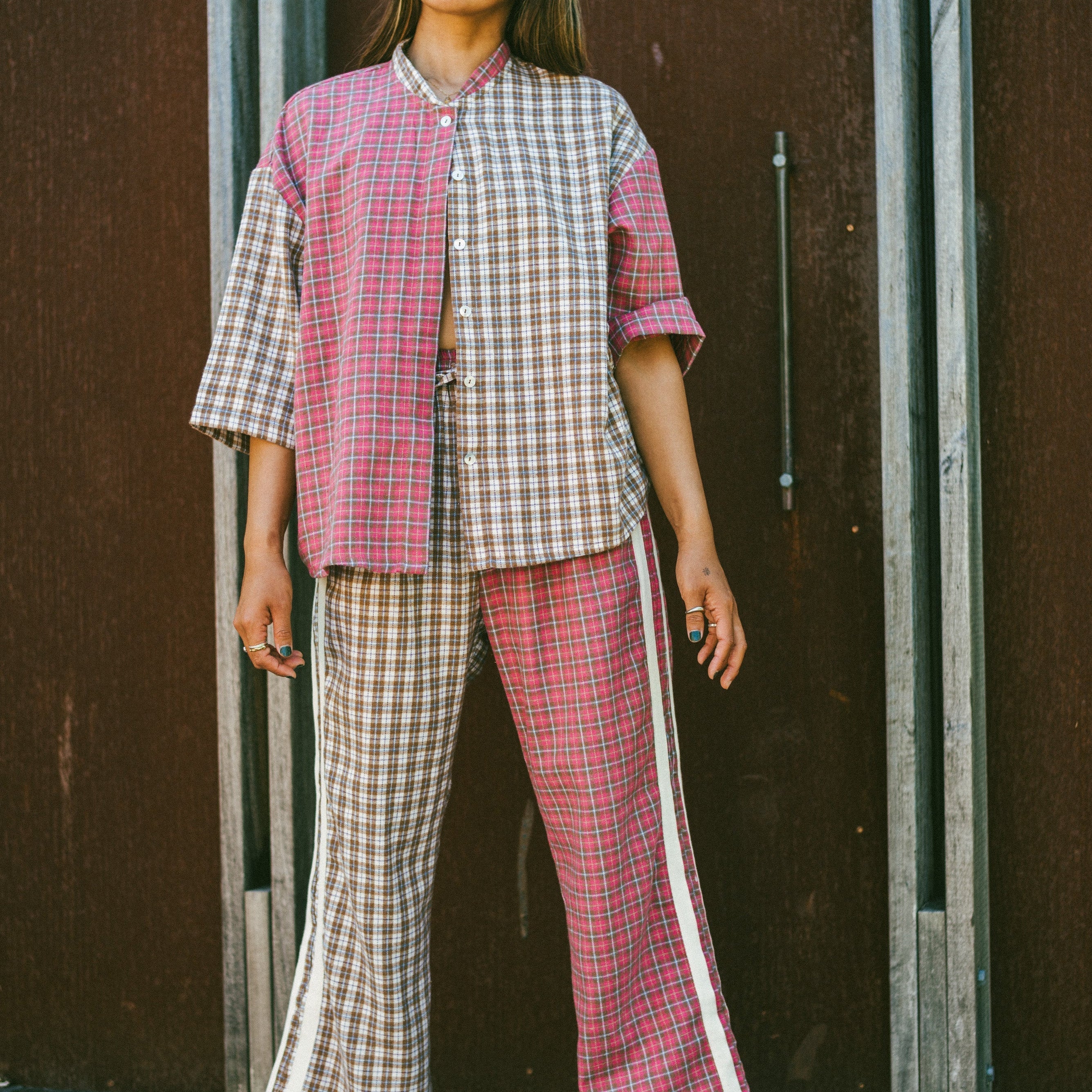 Front view of lady wearing Flannel Box Shirt - Strawberry Milk | Atmosea
