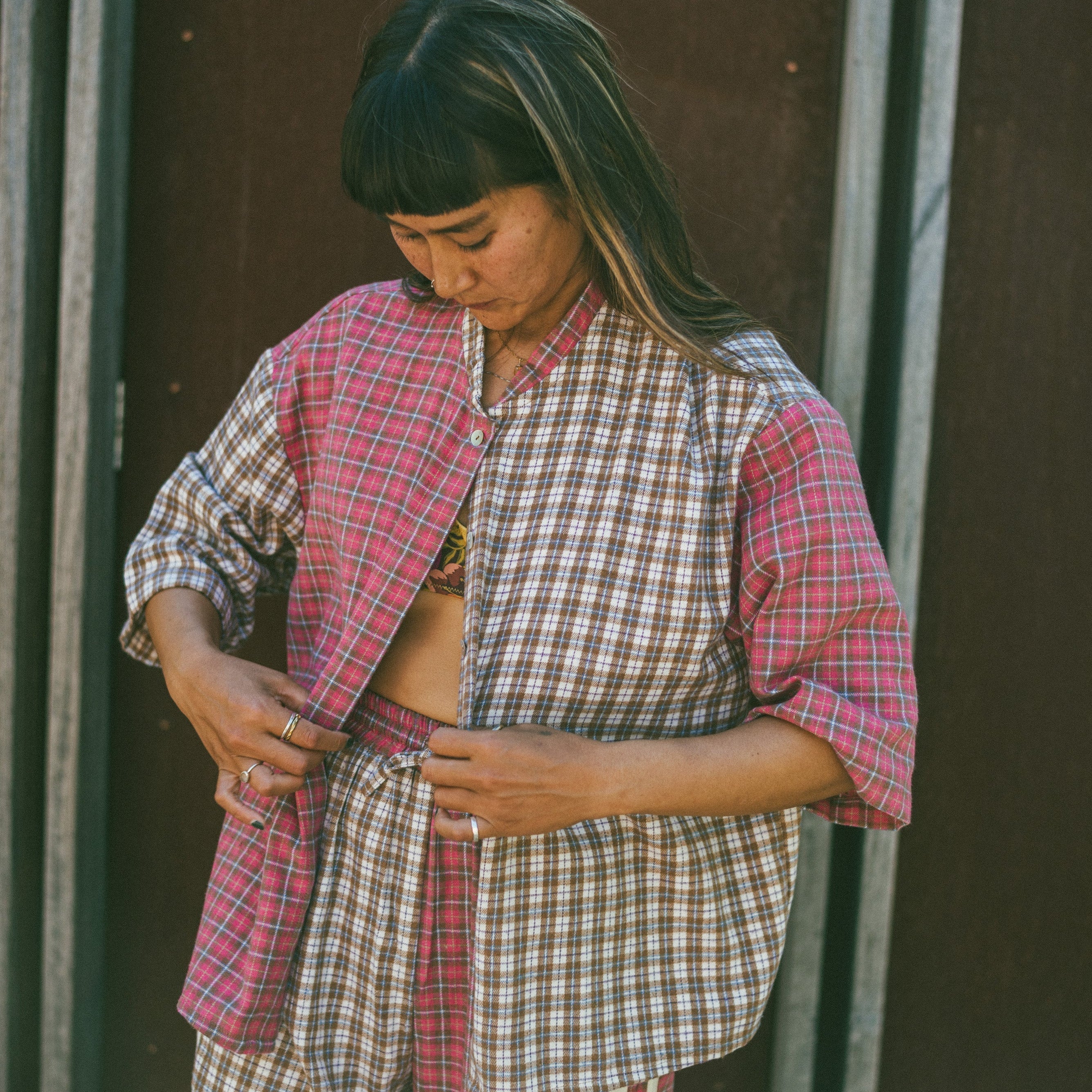 Lady wearing Flannel Box Shirt - Strawberry Milk | Atmosea