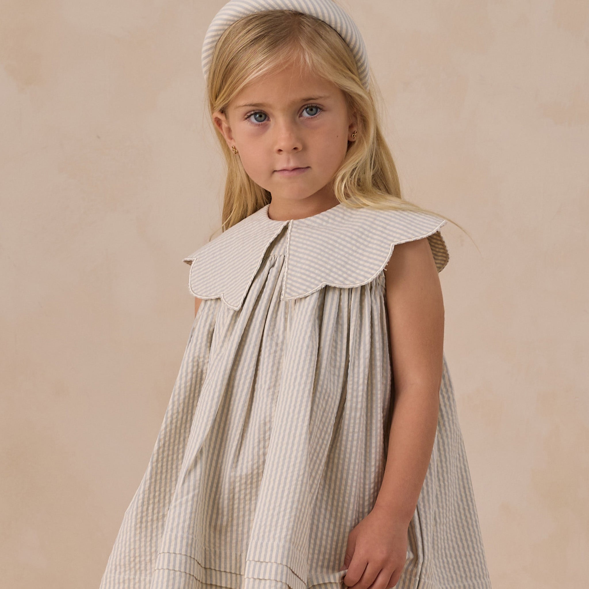 Noralee Florence Dress Sky Stripe with scalloped collar and eyelet detail