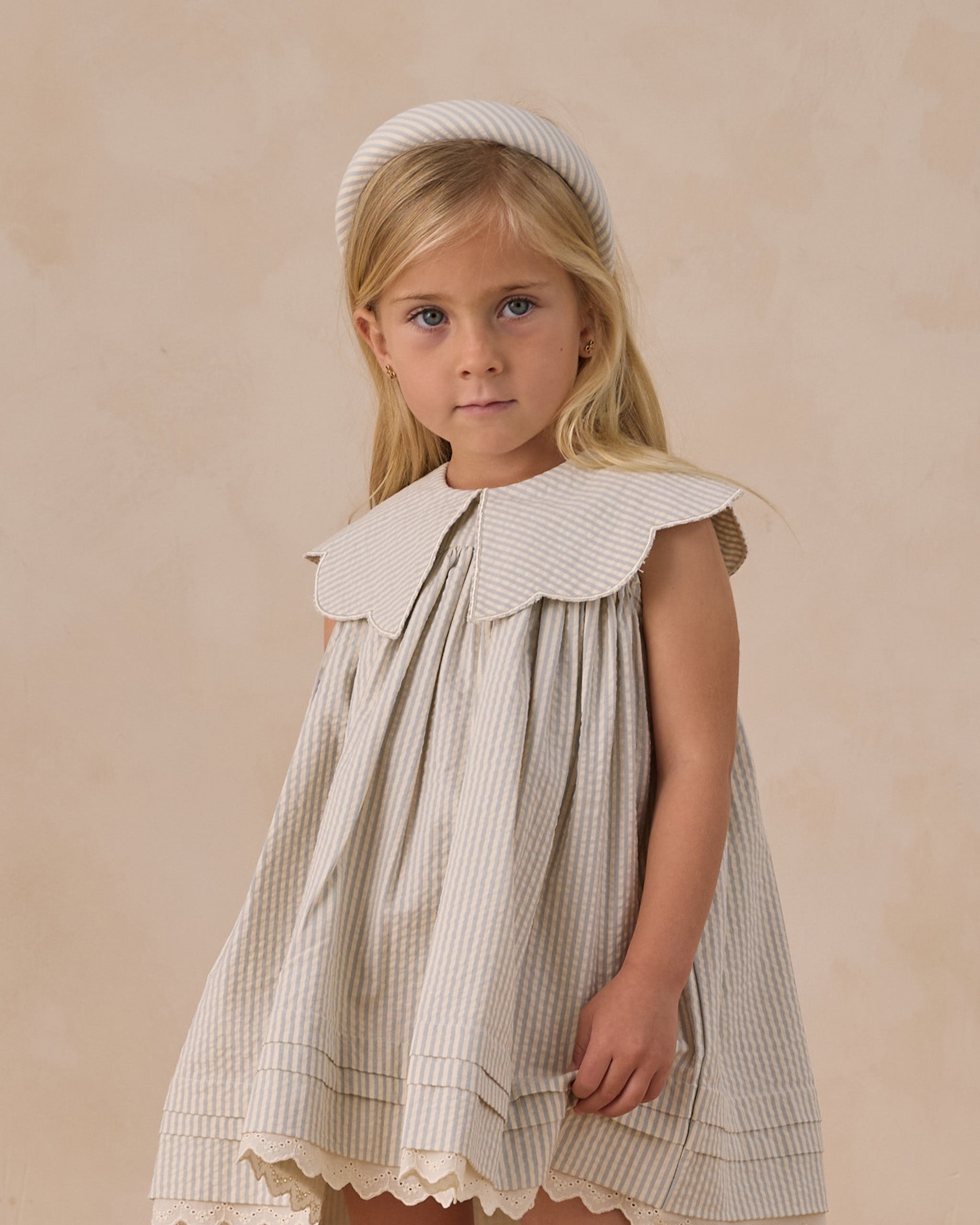 Noralee Florence Dress Sky Stripe with scalloped collar and eyelet detail