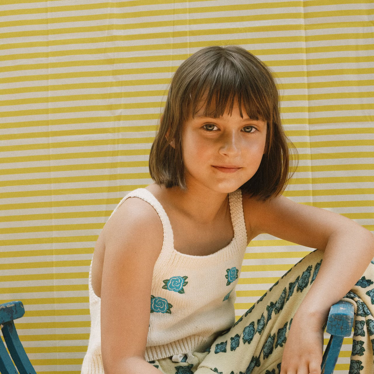 girl wearing Flowers Knitted Crop Top - Light Cream by Tiny Cottons
