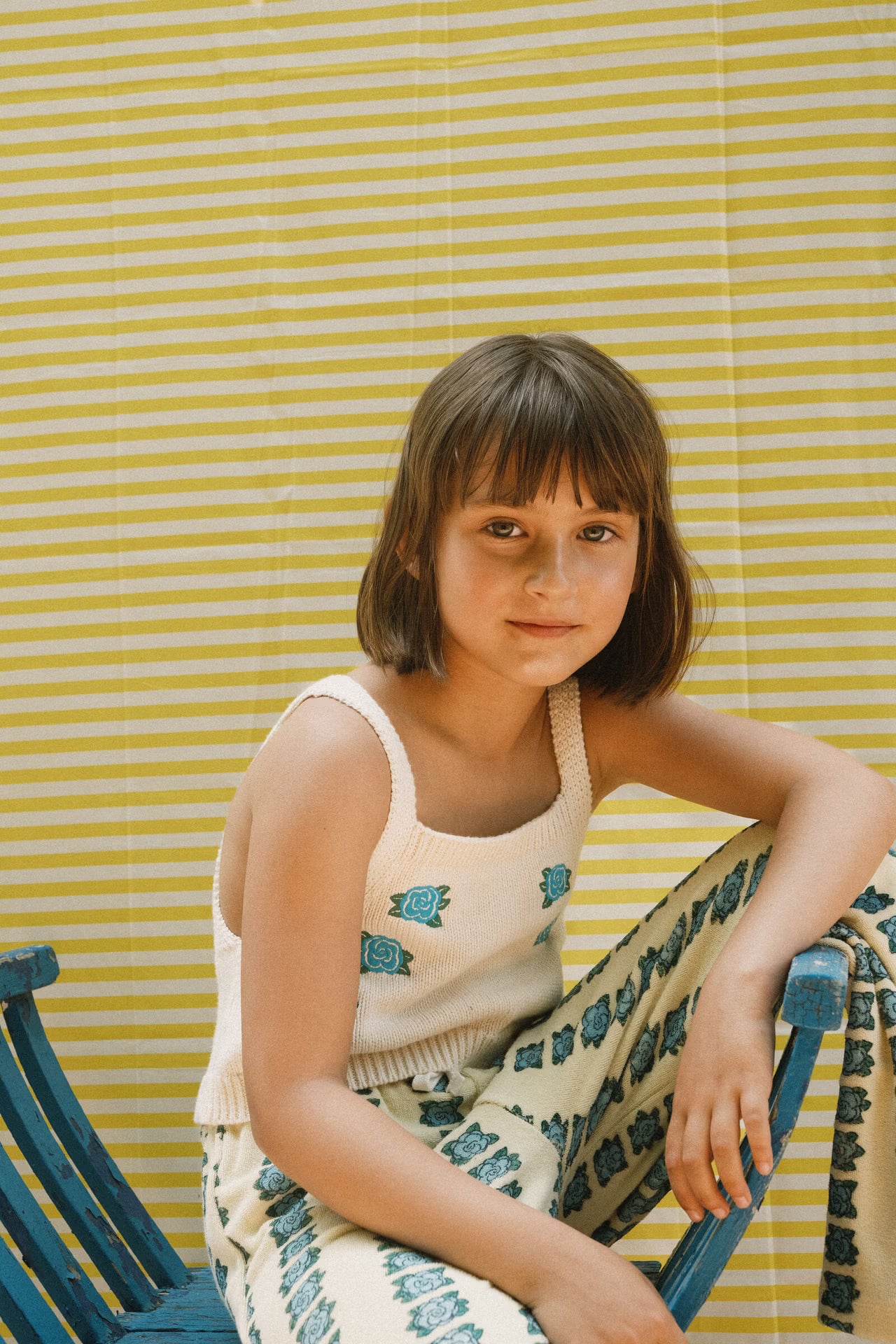girl wearing Flowers Knitted Crop Top - Light Cream by Tiny Cottons