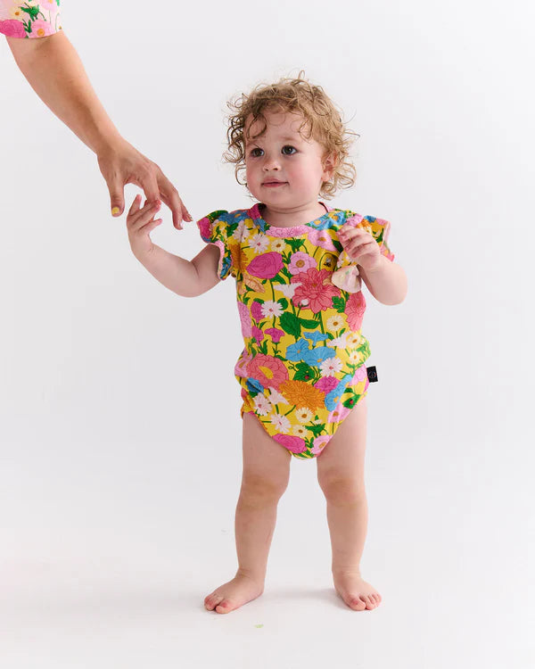 toddler wearing onesie - Follow The Sun Yellow Organic Short Sleeve Frill Romper by Kip & Co