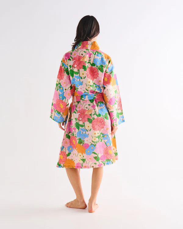 Back view of floral Follow the sun Linen Robe by Kip and Co