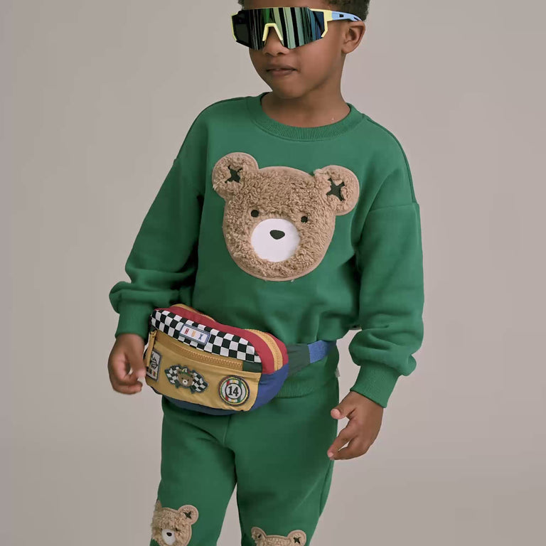 Kid wearing Furry Huxbear Emerald Sweatshirt | Huxbaby