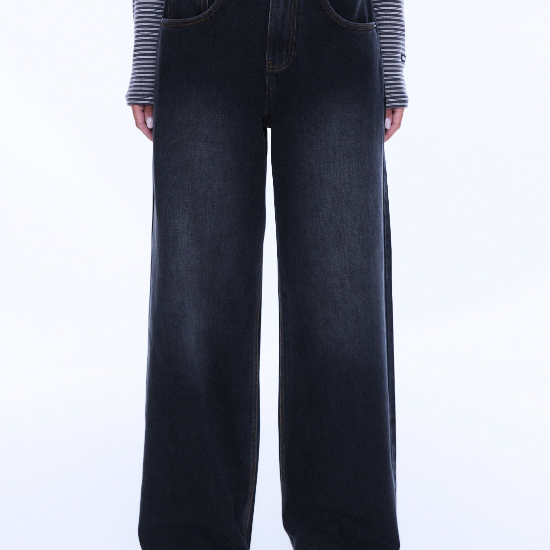 Front full view of Georgia Denim Jean highlighting high-waisted wide leg fit and button fly closure