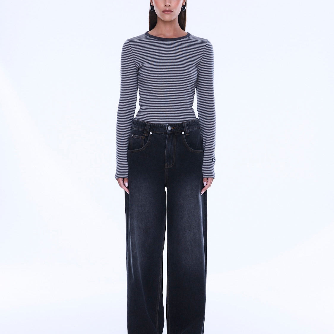 Front standing view of Georgia Denim Jean showing complete wide leg silhouette and dark wash finish