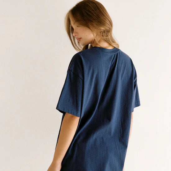 back detail of model wearing Navy Garnet Tee by Juni